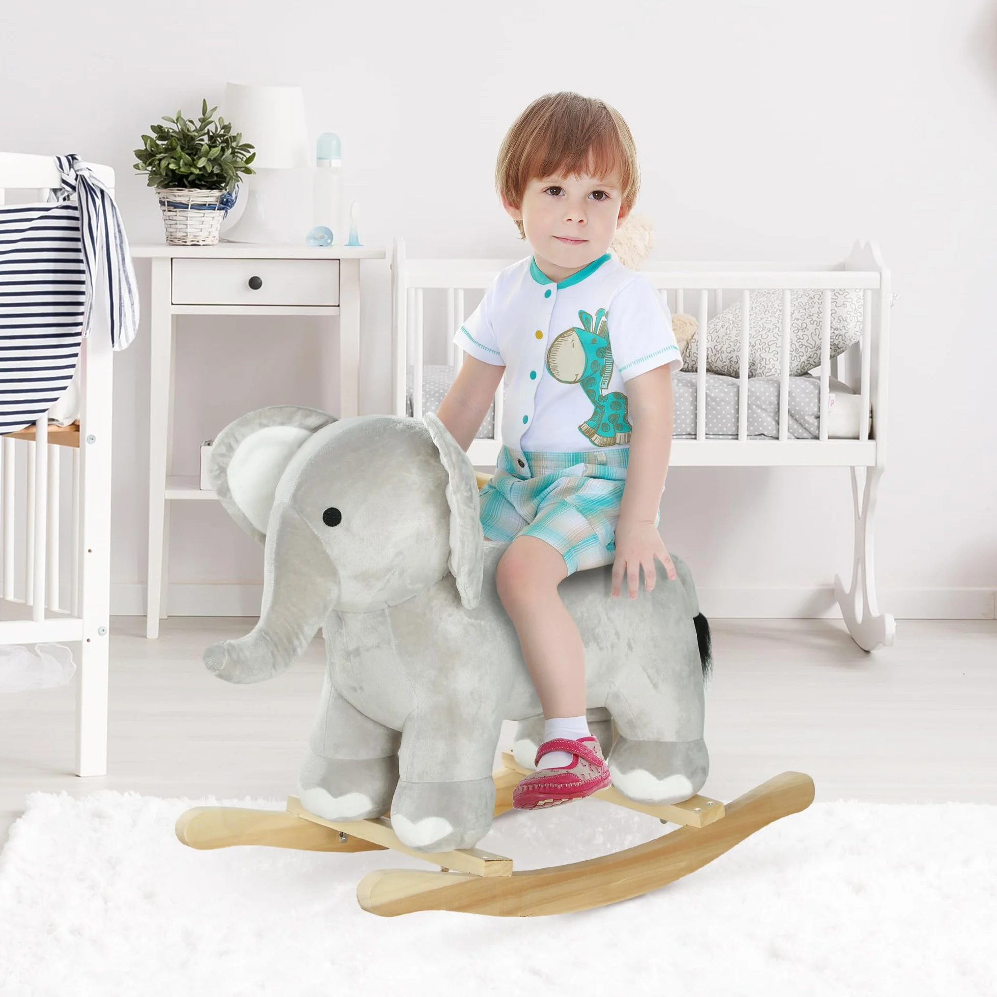 AIYAPLAY Cavallo a Dondolo per Bambini a Forma di Elefante, Cavalluccio a Dondolo Cavalcabile in Legno e Peluche con Base e Suoni Realistici, 2-4 Anni, 64.5x31x52 cm, Grigio
