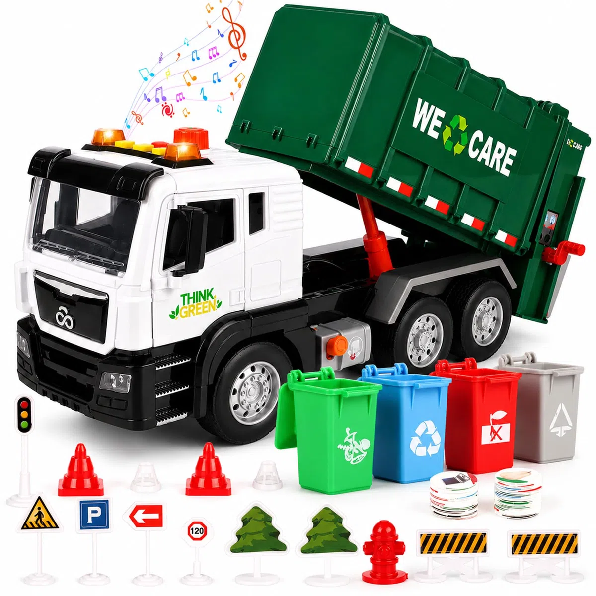 BunnyJOY Camion Spazzatura Giocattolo 3-6 Anni Luci e Suoni Veicolo Raccolta Rifiuti Regalo Verde