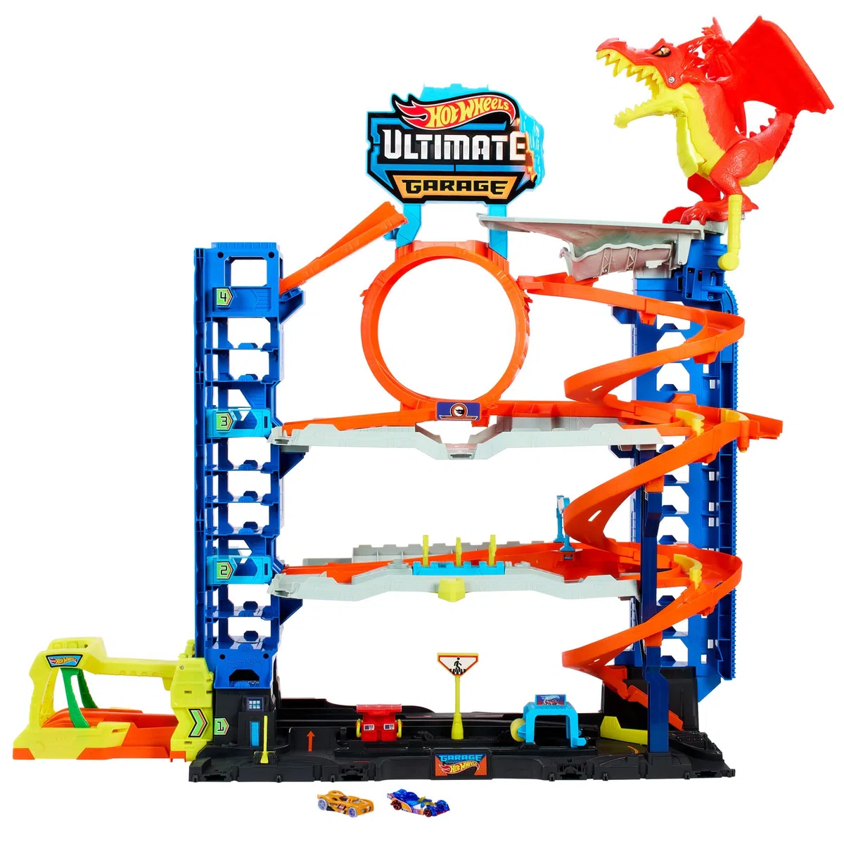 Hot Wheels City 'Let's Race' Netflix - Mega Garage, Playset con quattro livelli di gioco e drago divora auto, con 2 macchinine die-cast e box per riporre 50 veicoli in scala 1:64, 4+ anni, HKX48