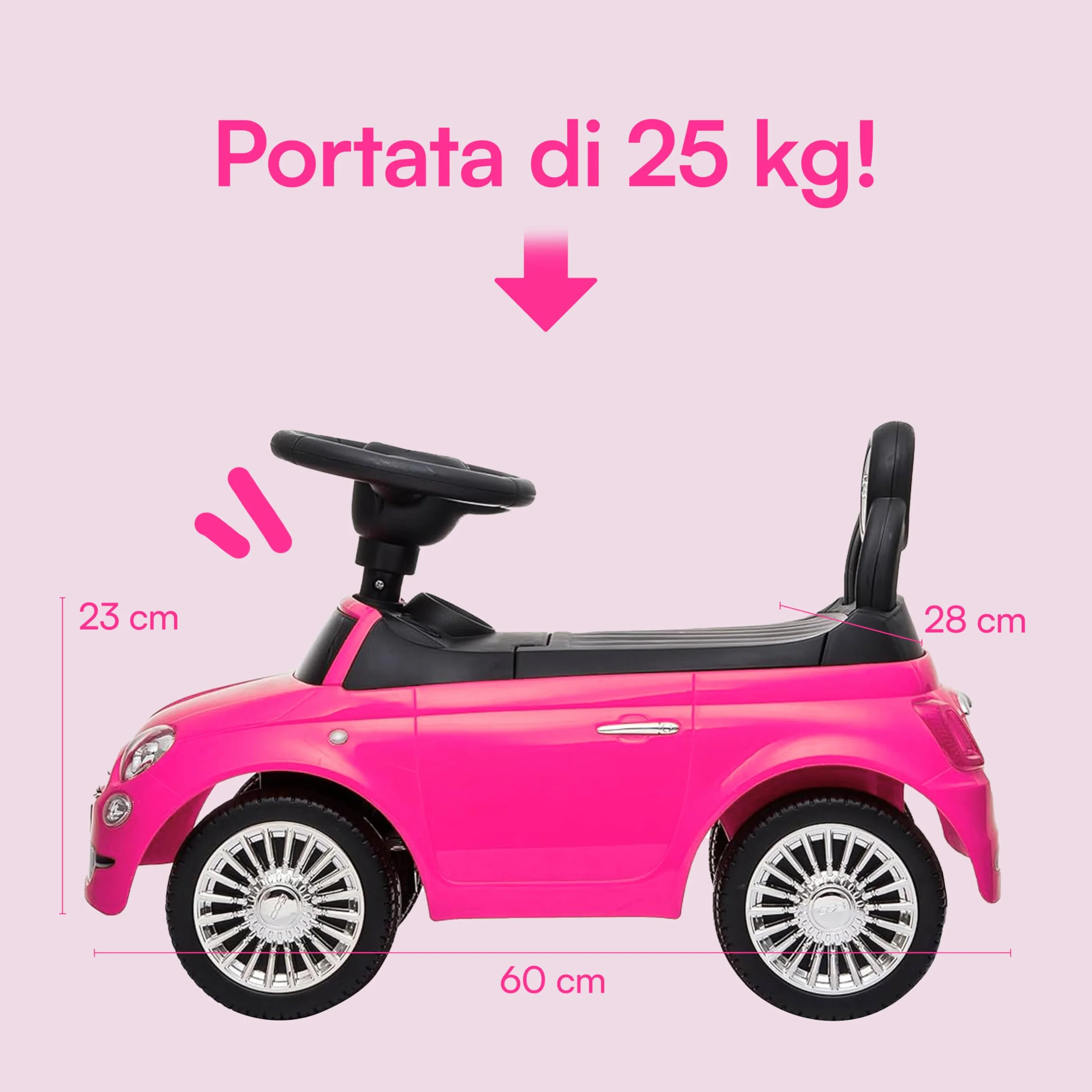 Baroni Toys Macchinina Cavalca Bambini 12-36 Mesi, Fiat 500, Rosa, 28x60x23 cm