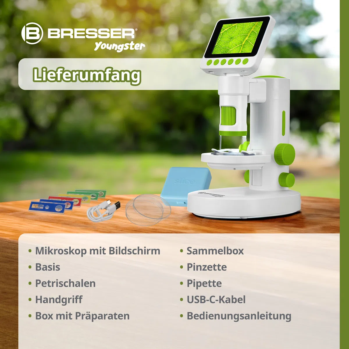 Bresser Youngster Microscopio digitale LCD per bambini, display da 3,5", ingrandimento 11,4x-129,8x, foto 4K, video Full HD, microscopio portatile e da tavolo, batteria