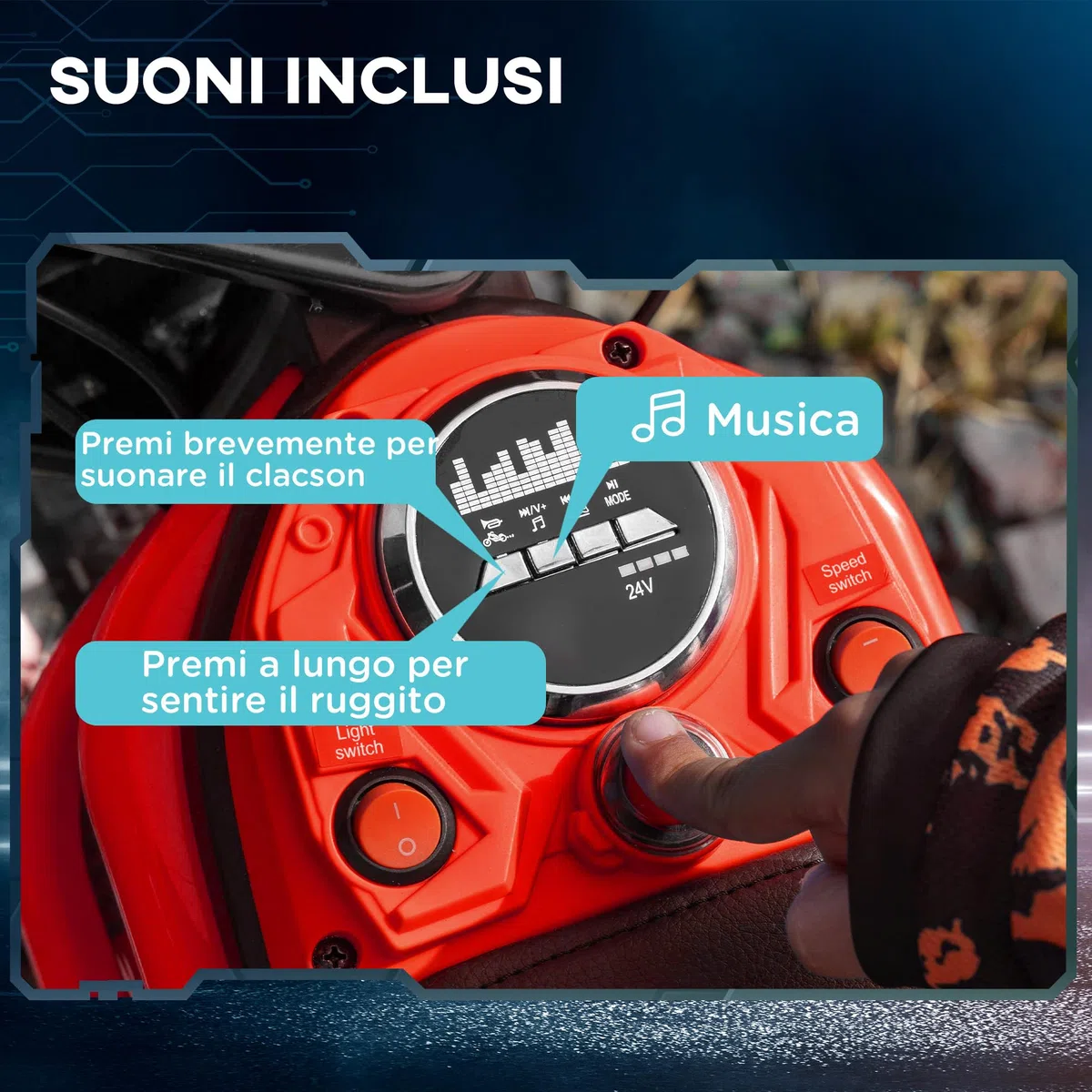 HOMCOM Moto Elettrica Bambini 24V 8-12 Anni Mini Cross con Sospensione Luci Suoni 2 Velocità 8-16km/h Ruote 30.5cm Rosso