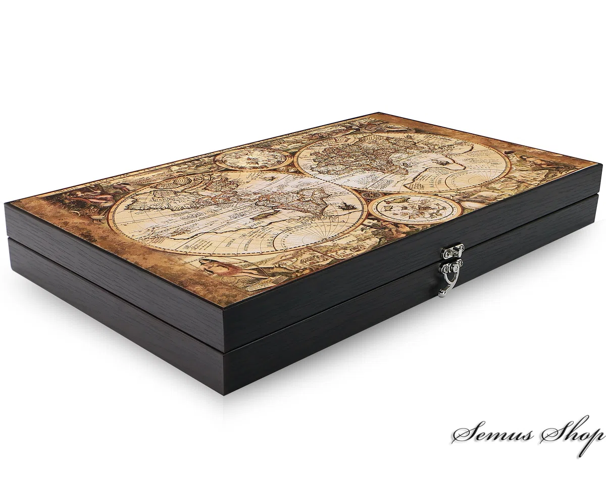 Trendy Backgammon Antique Map XXL – Gioco da tavolo pieghevole Backgammon in ecopelle antigraffio, 49 x 30 x 6 cm, con 30 pietre e 2 cubi – Marchio di qualità dalla Turchia