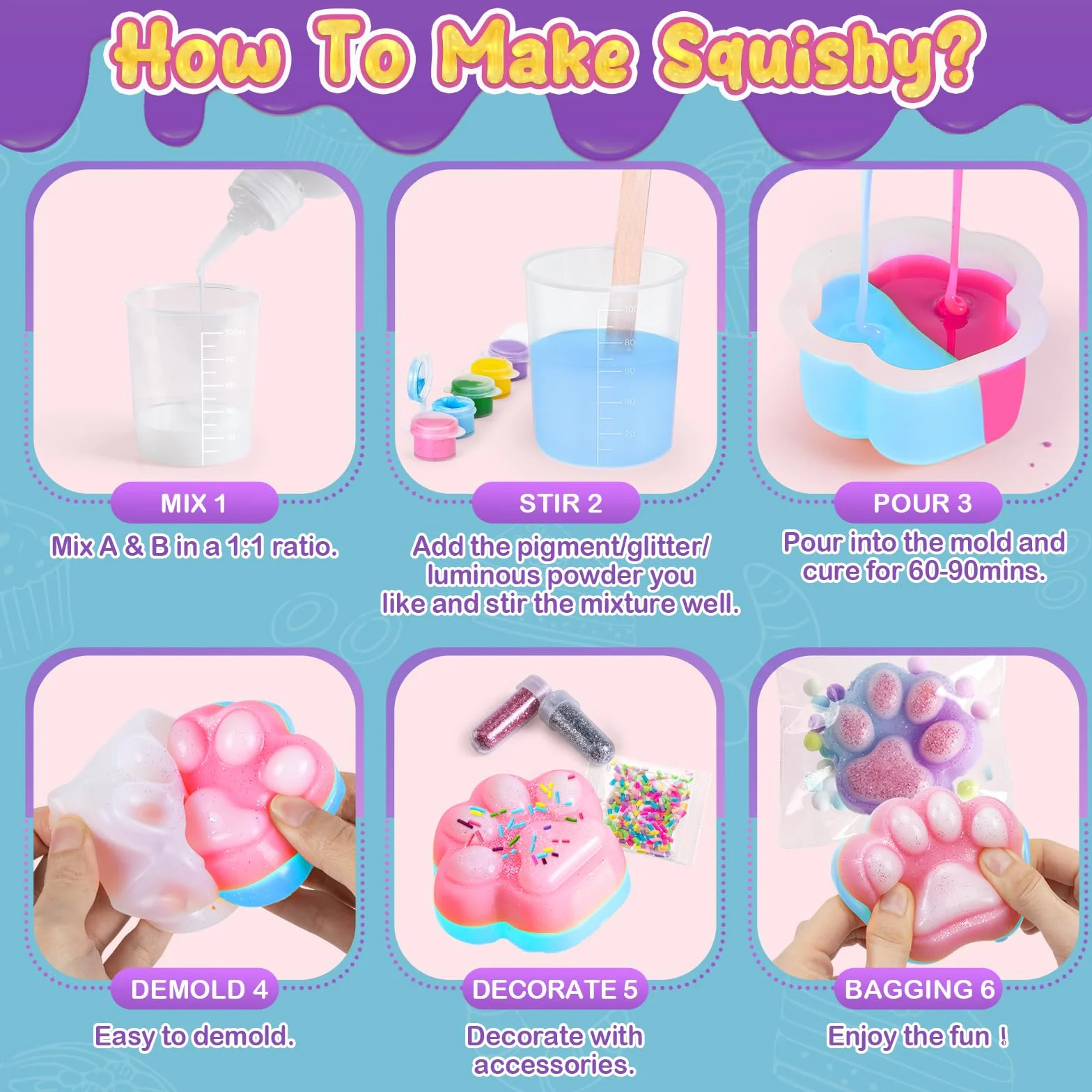 Silicone Liquido Luminosi Fai Da Te 480ml 1:1 AB Squishy Gomma Siliconica 9 Stampi e Accessori Giochi Sensoriali Antistress Regali Bambini 6+