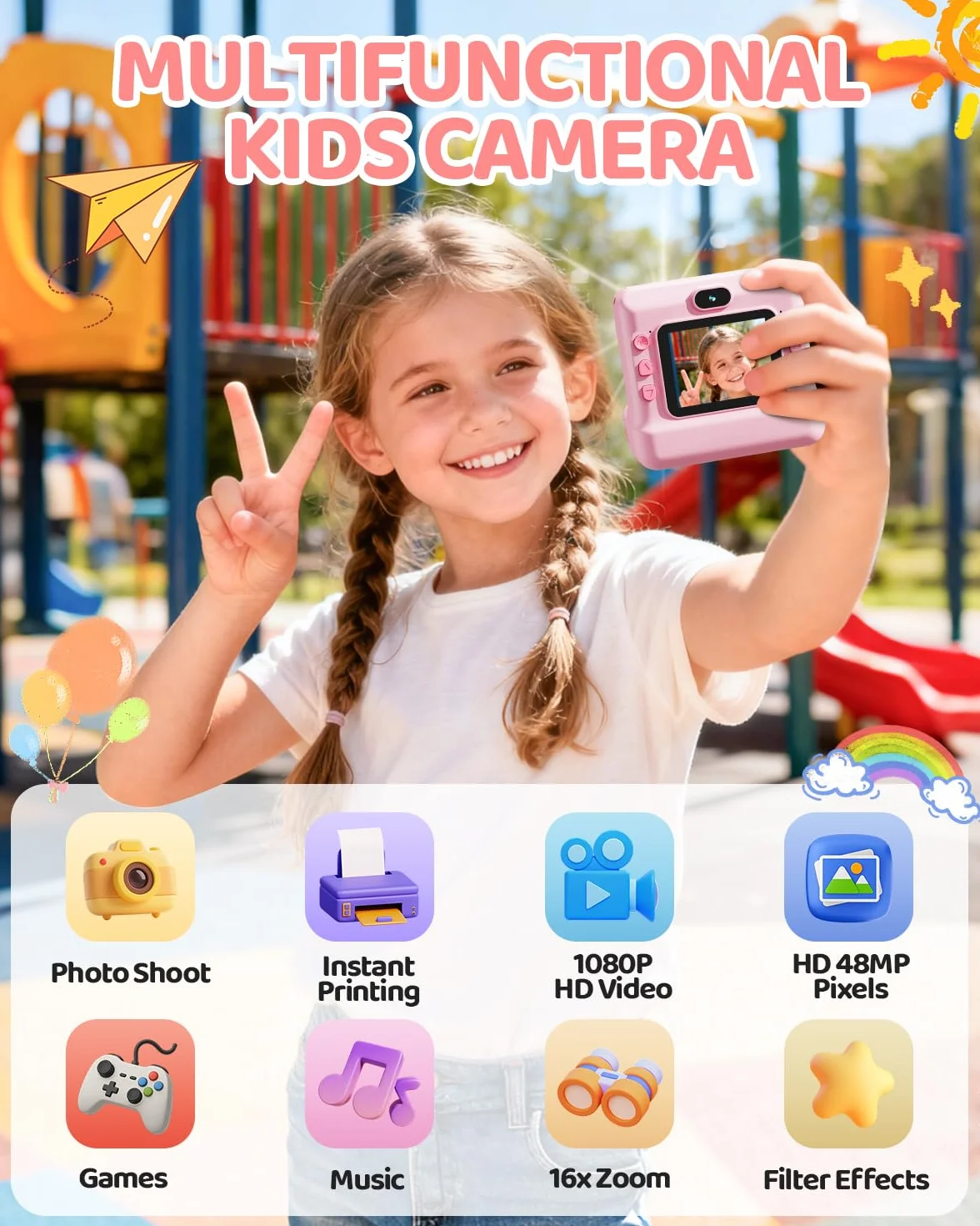 CalineGam Macchina Fotografica Bambini Istantanea, HD 1080P Macchina Fotografica Istantanea con Scheda da 32 GB e 3 Rotoli di Carta, Regalo di Natale per Ragazze Ragazzi dai 3 ai 14 Anni