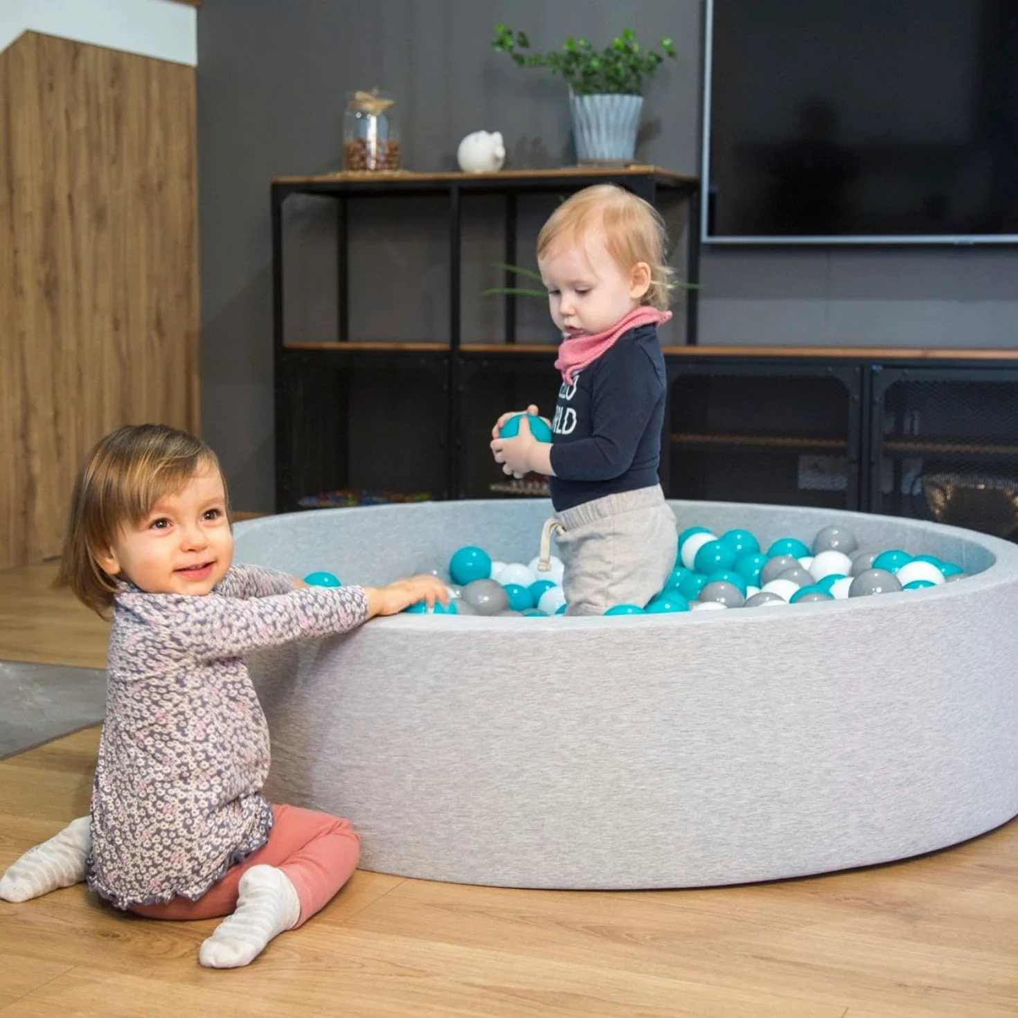KiddyMoon Piscina di Palline 120X30cm/200 Palline Grande Quadrato per Bambini Fabbricato in EU, Grigio Chiaro:Bianco/Grigio/Turchese Chiaro