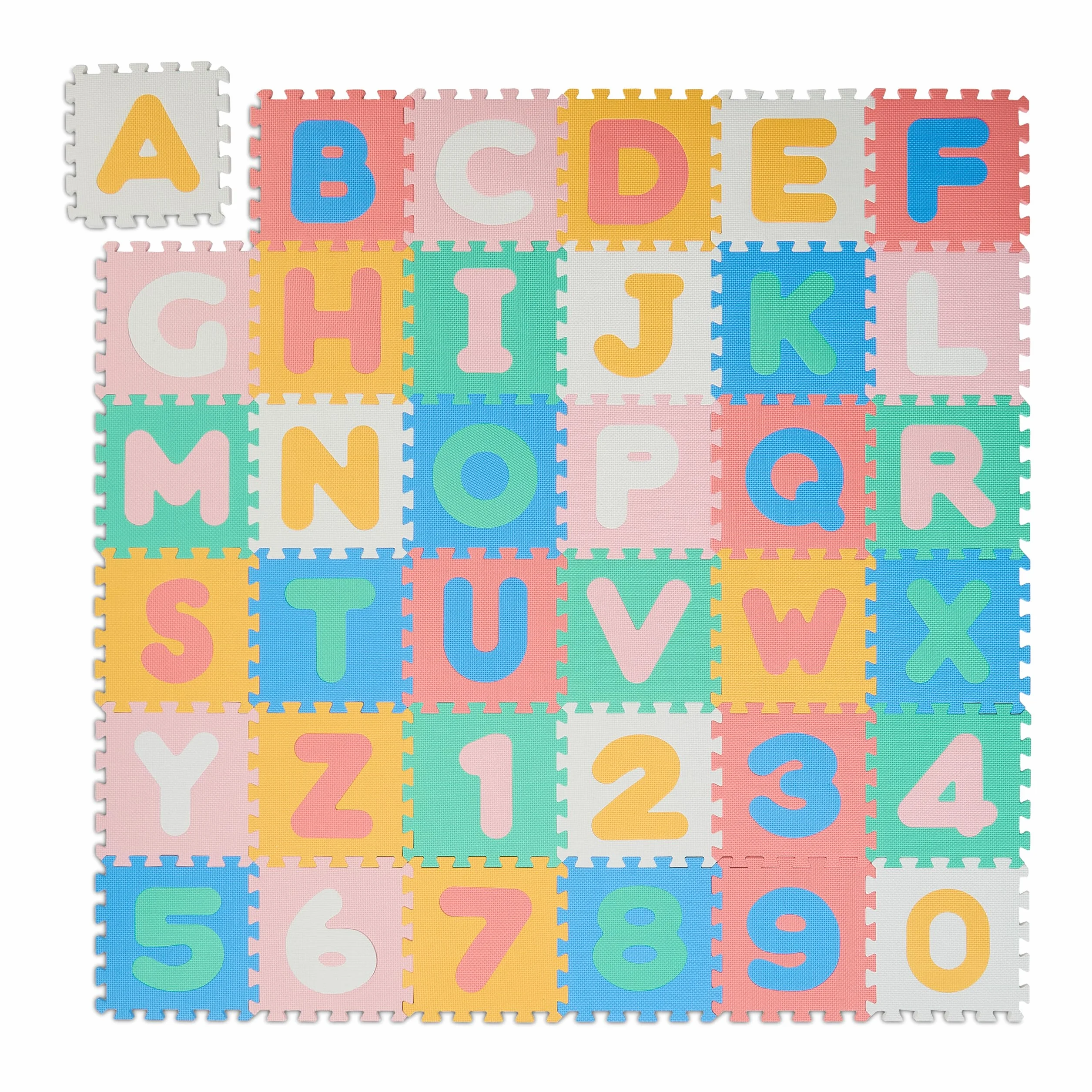 Relaxdays Tappeto Gioco Bambini Puzzle 36 Tappetini Lettere ABC Numeri 171x171 cm Senza BPA Colorato