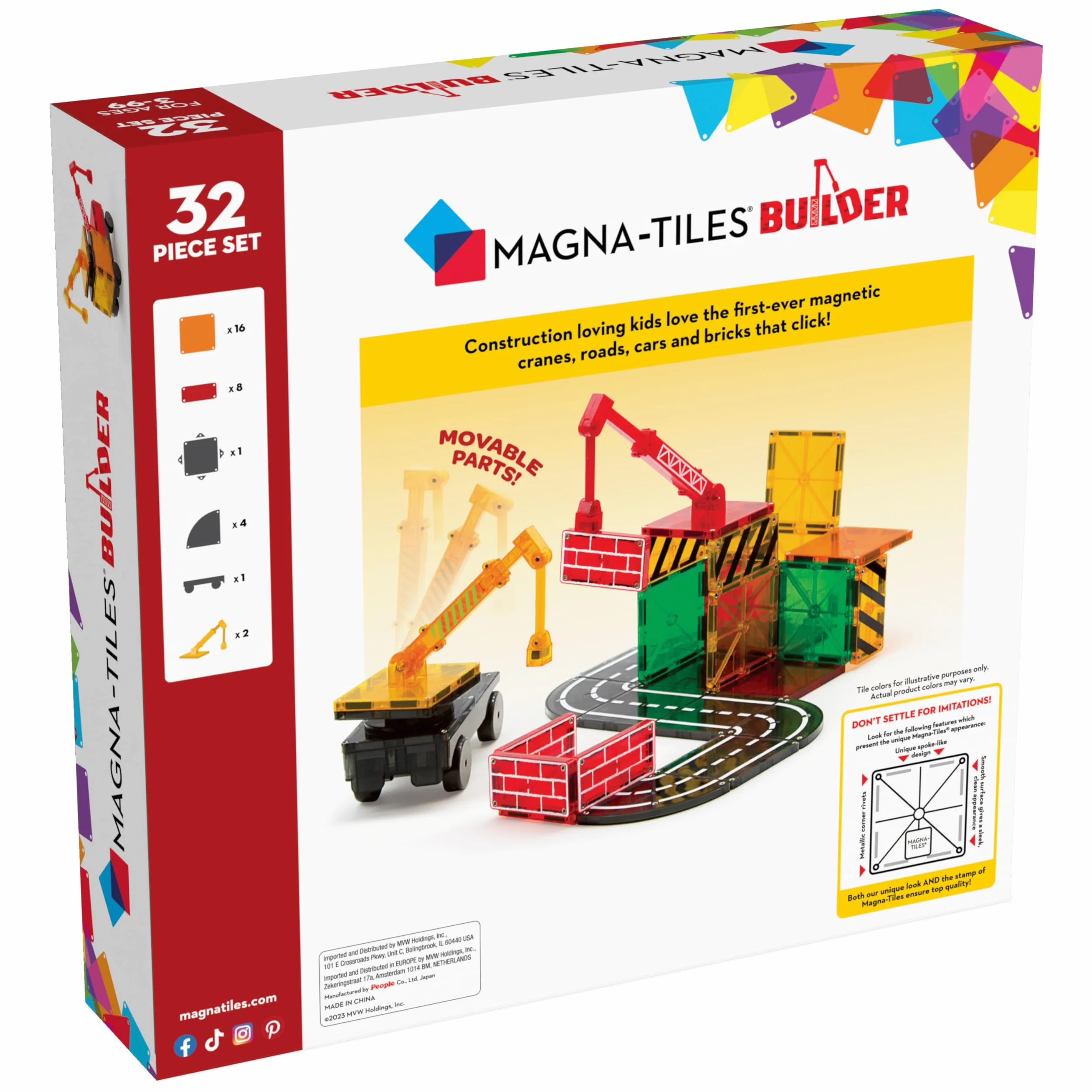 Magna-Tiles Builder - Cassetta magnetica da 32 pezzi, con pannelli stradali, gru e veicoli, dai 3 anni in su, giocattolo STEAM per la costruzione creativa, kit compatibile