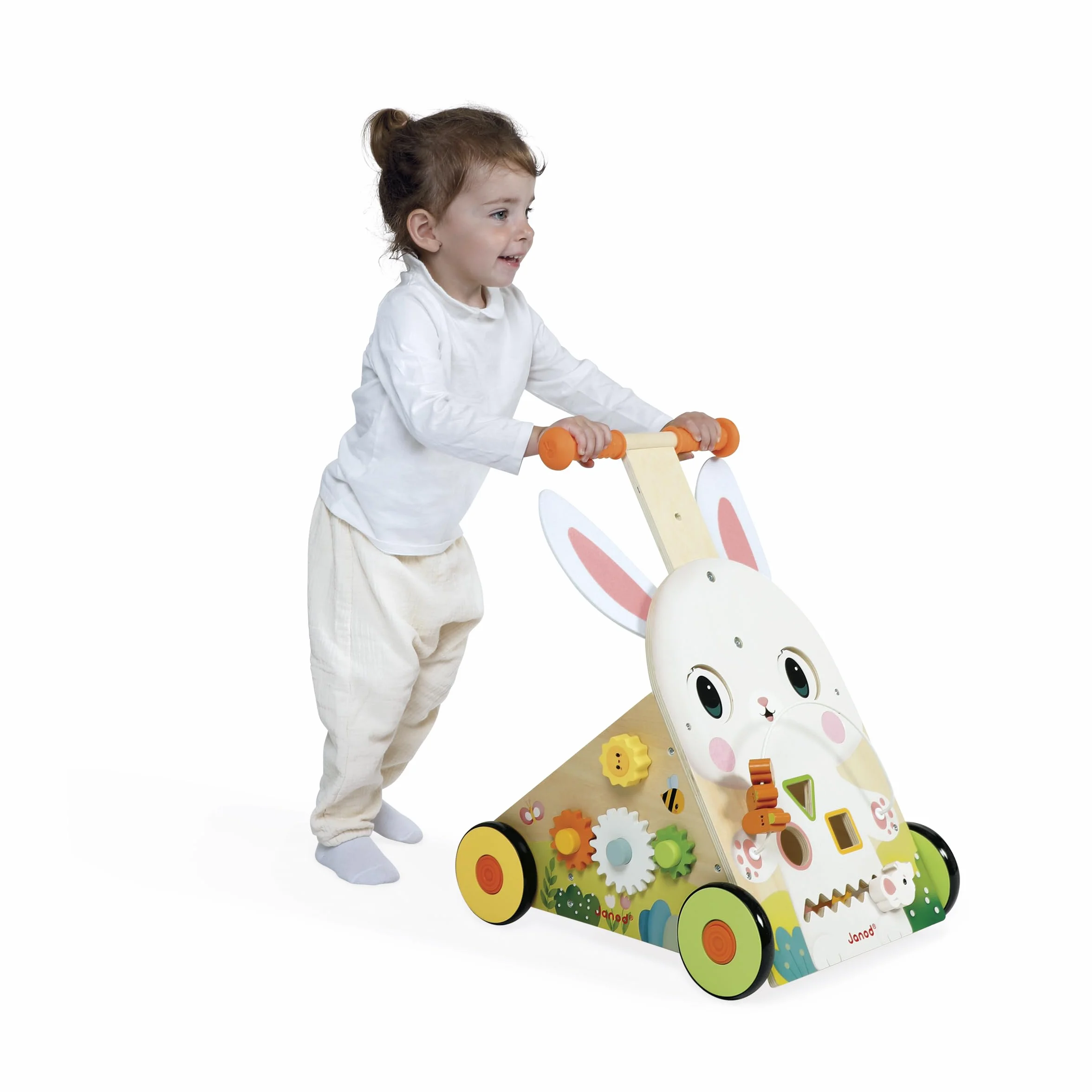 Janod Chariot Multi-Activités Ferme, Carretto di Legno da Spingere, 9 attività, Sistema frenante Brevettato e Ruote silenziose, Giocattolo evolutivo per Bambini, da 12 Mesi, J03326