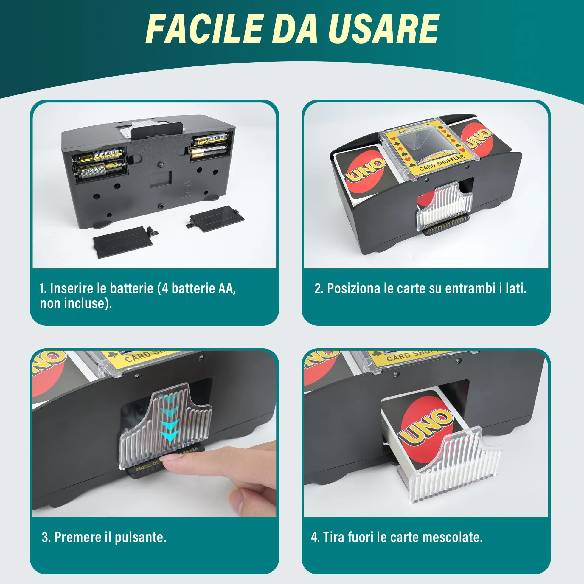 Cheerhom Mischia Carte Automatico, Mescolatore Cartes da Gioco Elettrico per 1-2 Mazzi, Distributore Cartes da Gioco Elettrico per UNO, Poker, Blackjack - USB + Funzionamento a Batteria