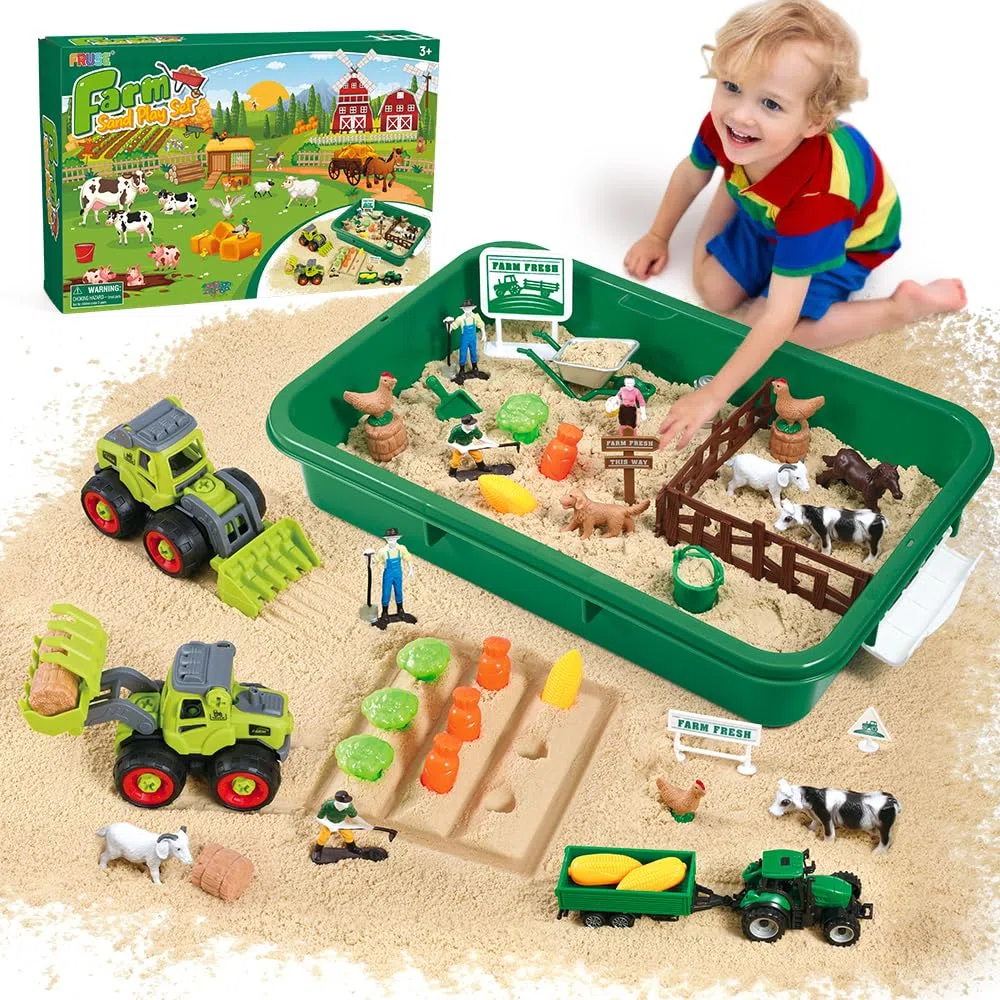 FRUSE Sabbia Giocattolo per Bambini Animali Fattoria, Kit Sabbiera 1 KG Sabbia Magica con Trattore