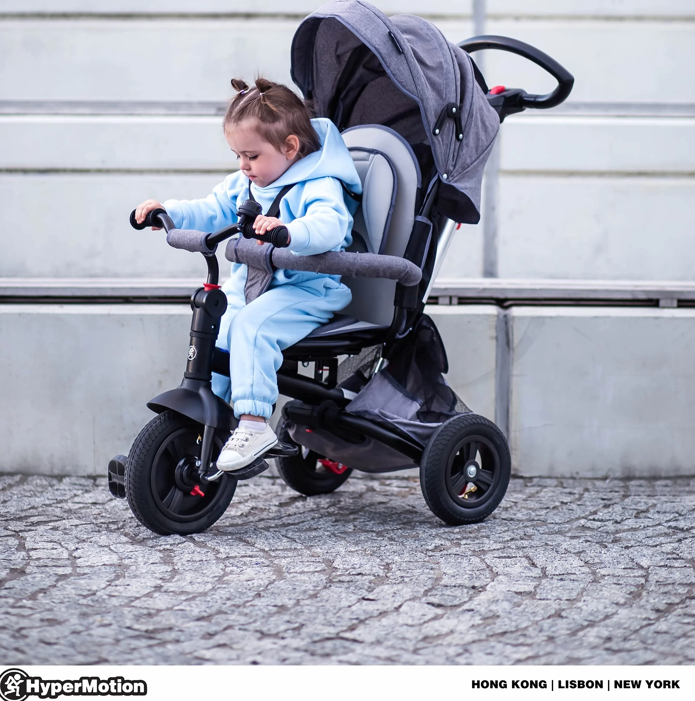 HyperMotion Passeggino Triciclo Evolutivo per Bambini 12 Mesi - 5 Anni, Bicicletta con Sedile Girevole e Ruote Gonfiabili, Portata 25 kg, Pieghevole con Parapioggia, Ideale per Parco e Giardino - Grey