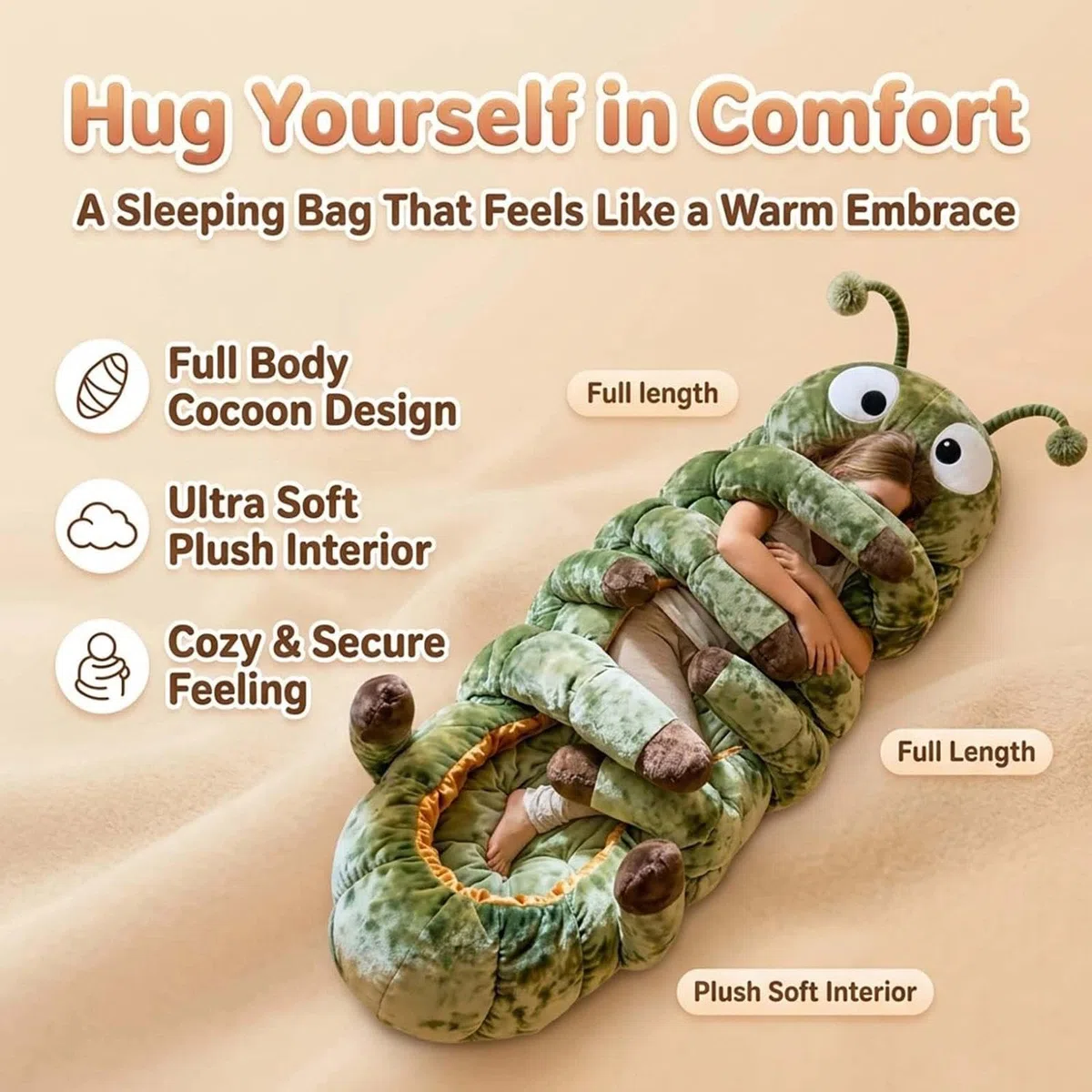 Sacco A Pelo A Forma Di Bruco,hugging Caterpillar Sleeping Bags,plush Cocoon Sleeping Bag With Pull Cord,hugging Caterpillar Sleeping Bags – Plush Cocoon Full-body Lounger