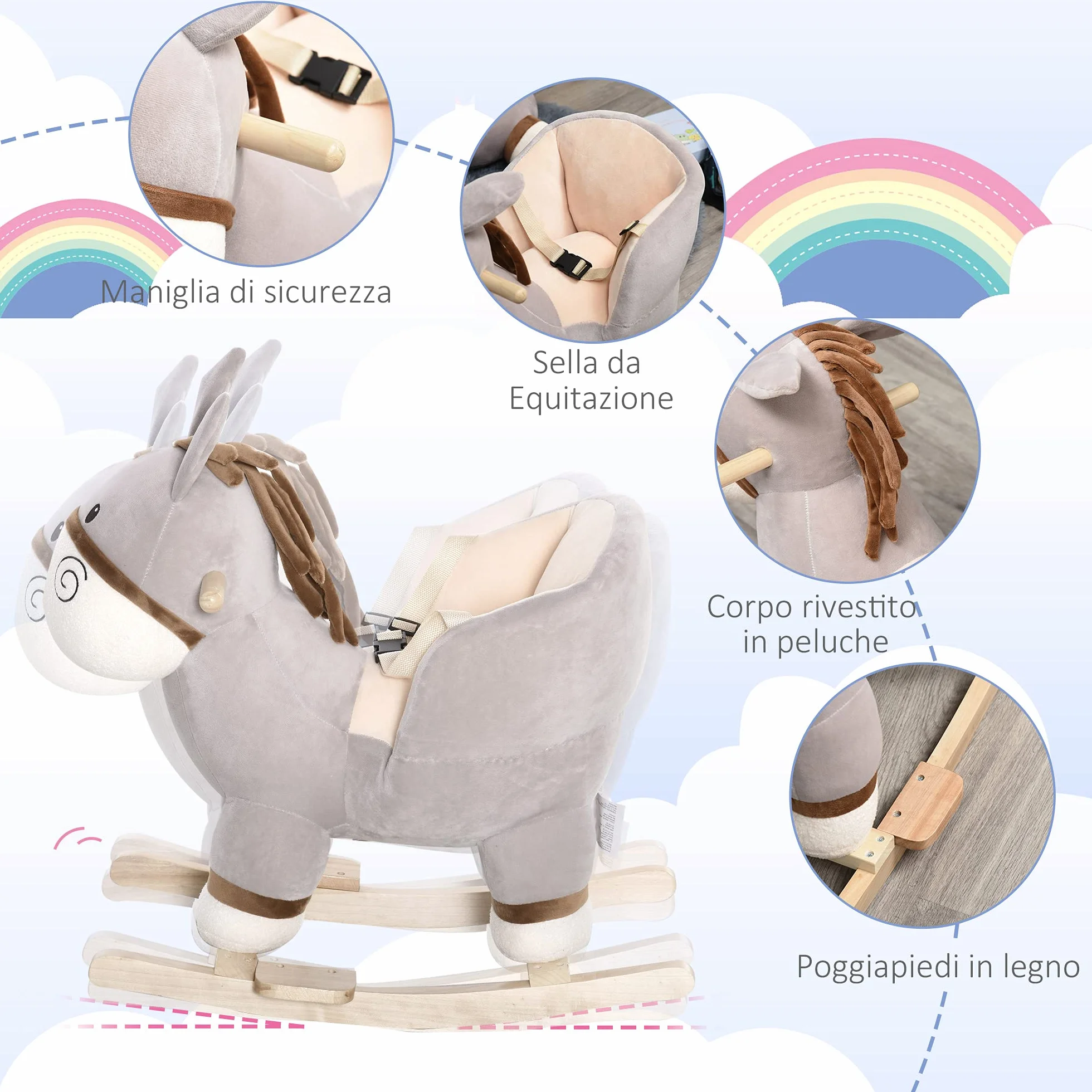 HOMCOM Cavallo a Dondolo per Bambini 18-36 Mesi, Cavalluccio a Dondolo a Forma di Asino con Suoni Realistici in Legno di Pioppo e Peluche, Grigio