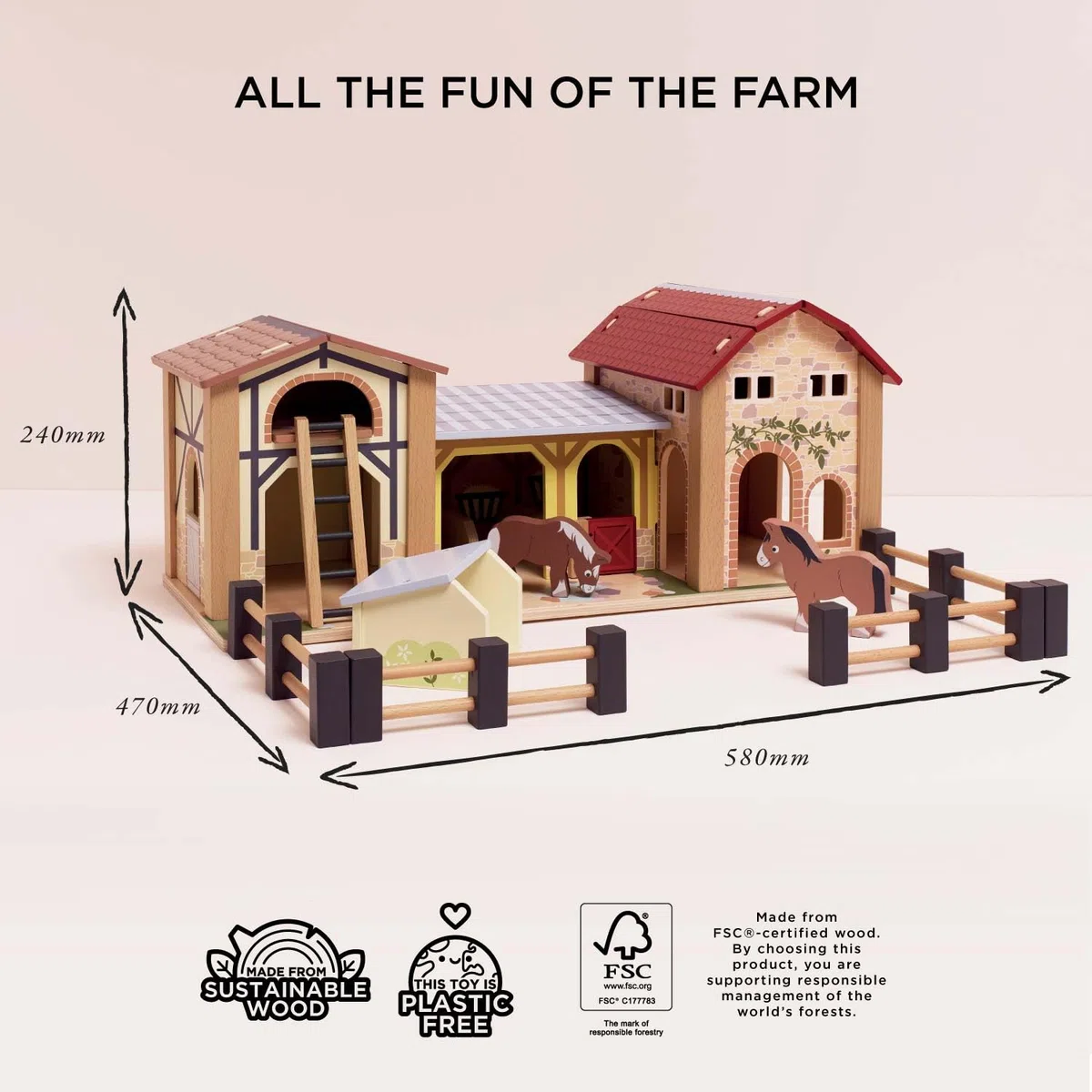 Le Toy Van - TV410 - Gioco educativo Fattoria degli Animali in Legno con Tetto Rimovibile, 3 Anni, Montessori, 58 x 52 x 24 cm, Grande stalla con fienile e porcile, con recinzioni mobili