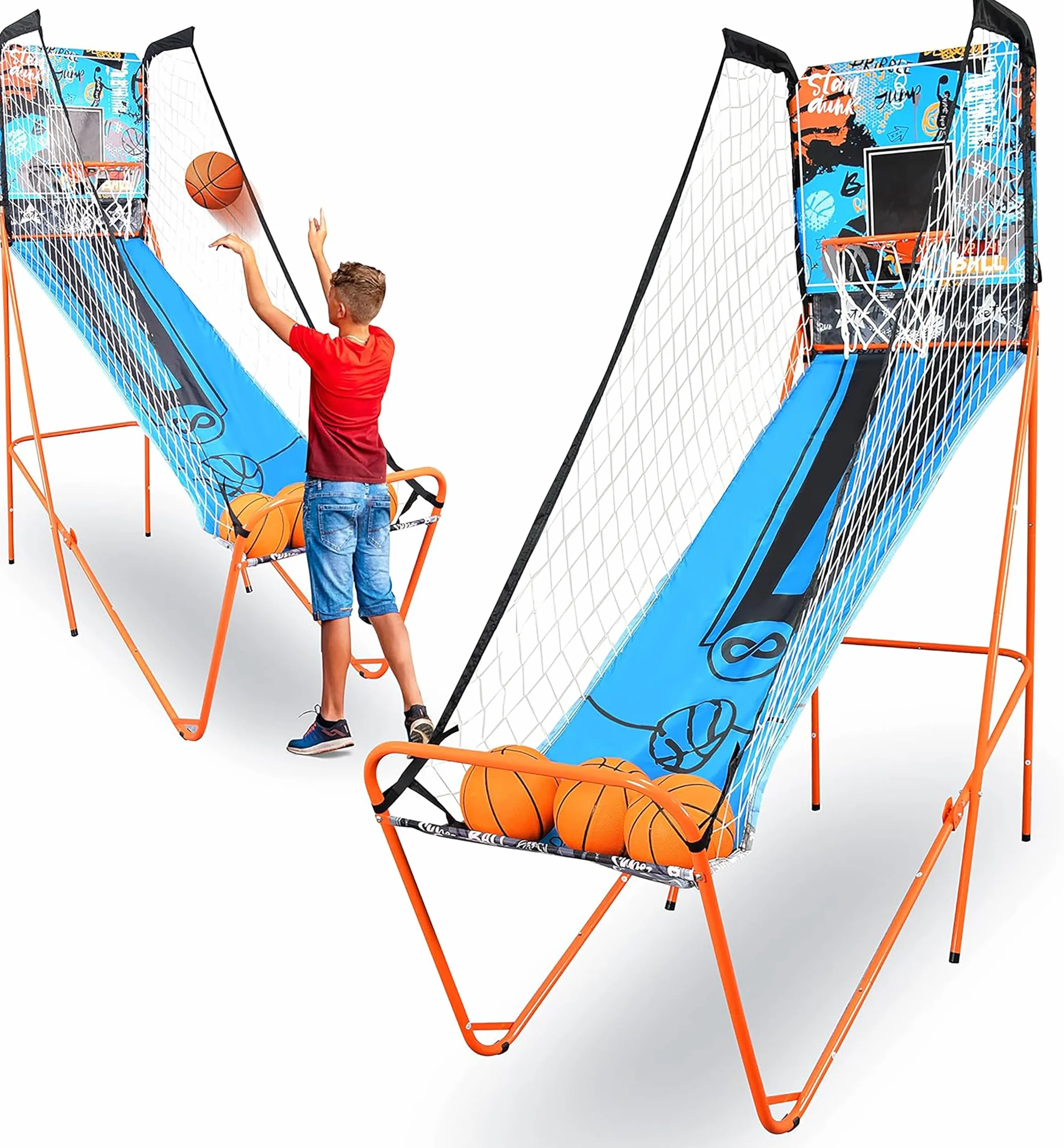 SereneLife Canestro Basket Esterno e Interno, Canestro da Basket Singolo Tiro con Opzione Audio, Grande Segnapunti LED, Blu