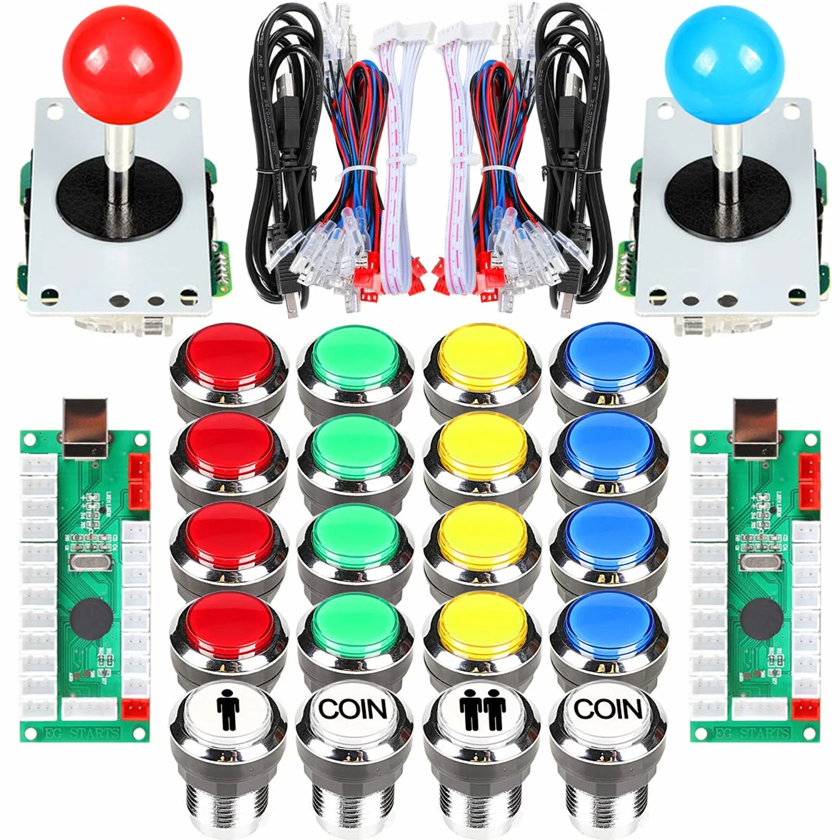 Fosiya 2 Giocatori Arcade Joystick LED Chrome Pulsanti per PC MAME Raspberry Pi Videogiochi Arcade Cabinet Parts (Colori Misti)
