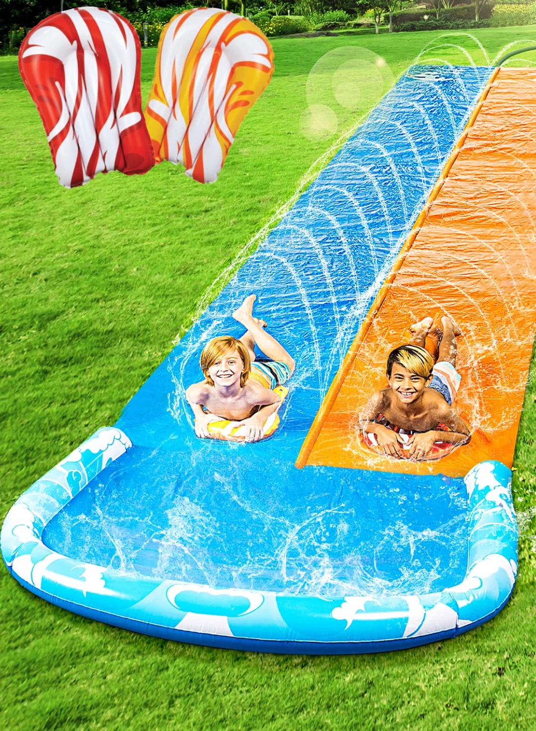 JOYIN Scivolo d'Acqua Doppio ultralungo 32,5ft con irrigatore e 2 Tavole gonfiabili per Bambini e Adulti