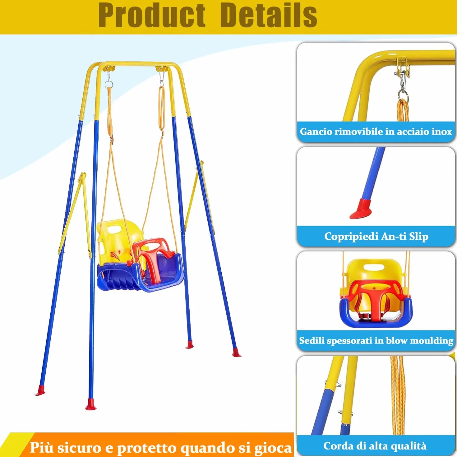 Altalena 3 in 1 per Bambini, Altalena per Esterni e Interni, Resistente con Seggiolino per Bambini, Blu, Metallo e Plastica, Contemporaneo, SWING