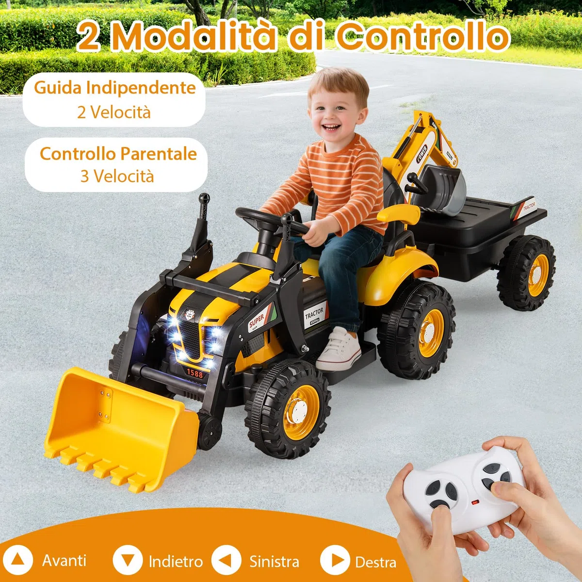 COSTWAY 4 in 1 Trattore Elettrico per Bambini 3-8 Anni con Telecomando, Rimorchio e Cucchiaia Staccabile, Doppi Motori Giallo