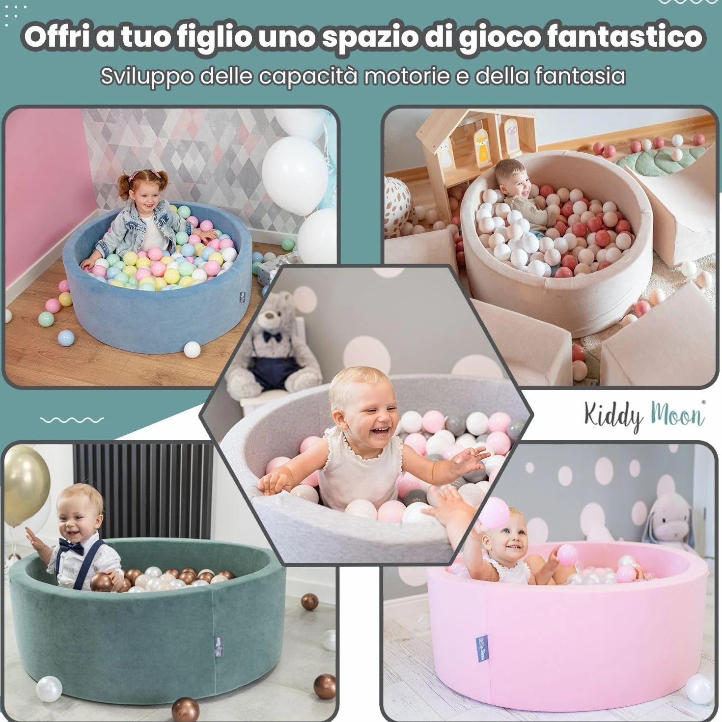 KiddyMoon 90X30cm/200 Palline Piscina di Palline Colorate per Bambini Tondo Fabbricato in EU, Grigioch:Blu Pastello/Giallo Pastello/Bianco/Menta/Eosa Chiaro