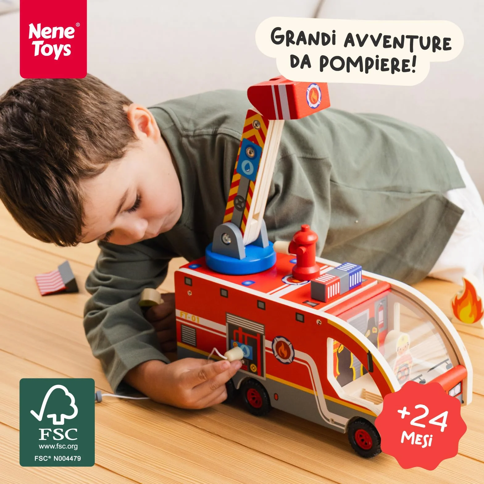 Nene Toys Camion dei Pompieri in Legno – Giocattolo Educativo Magnetico per Bambini 2+ Anni – Scala Girevole 360°, Tubi Magnetici, Idrante, Pompieri & Dalmata – Gioco Montessori FSC Regalo Perfetto