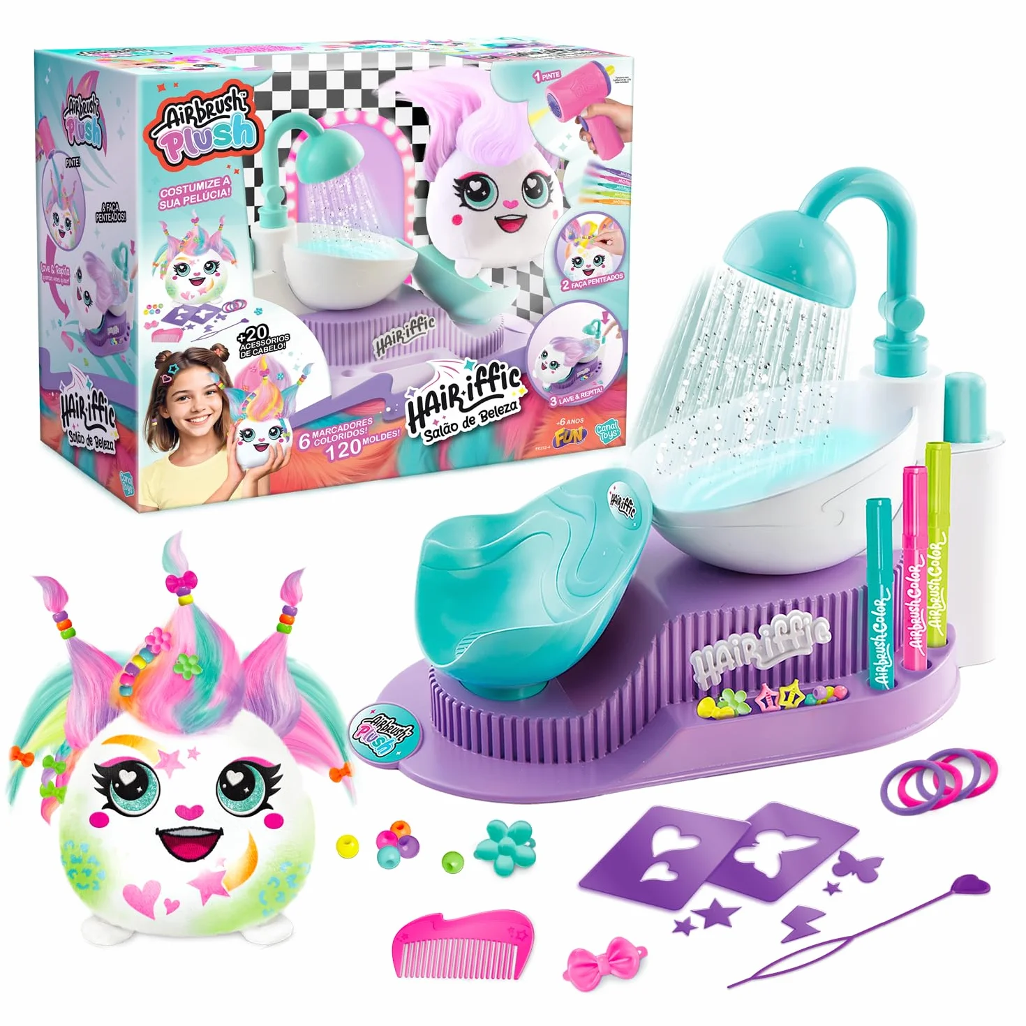 Canal Toys Hair'iffic Salon Airbrush Plush Doudou with Aerografo Stencil Stazione di Lavaggio Creativo Riutilizzabile