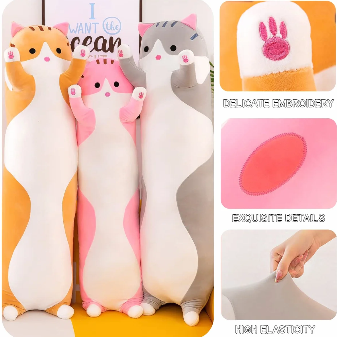 Kekeso Gatto Peluche Cuscino Lungo, Morbido Carino Gatto Cuscino Di Peluche, Gattino Ripiene Carino Peluche Regalo Per Bambini Fidanzata (110cm/43.3inch, Yellow)