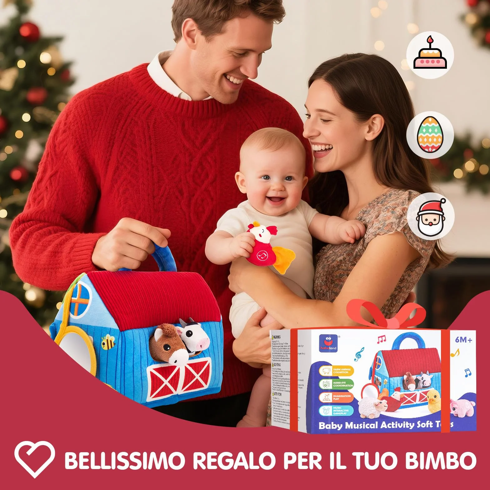 hahaland Giochi Bambini 1 anno - Fattoria Sonora in Peluche, con 6 Animali Morbidi e Suoni Realistici, Gioco Educativo Bambino Montessori Sensoriale Regalo 6 12 18 mesi