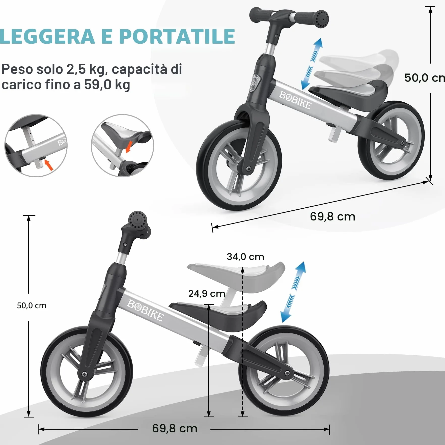 MHCYLION Bicicletta Bambini Senza Pedali per 1,5-4 Anni Fino a 25 Kg, volante e sellino Regolabili in Altezza, Bloccasterzo, Giocattoli Regali per Bambini Bicicletta Equilibrio Bambino,Argento