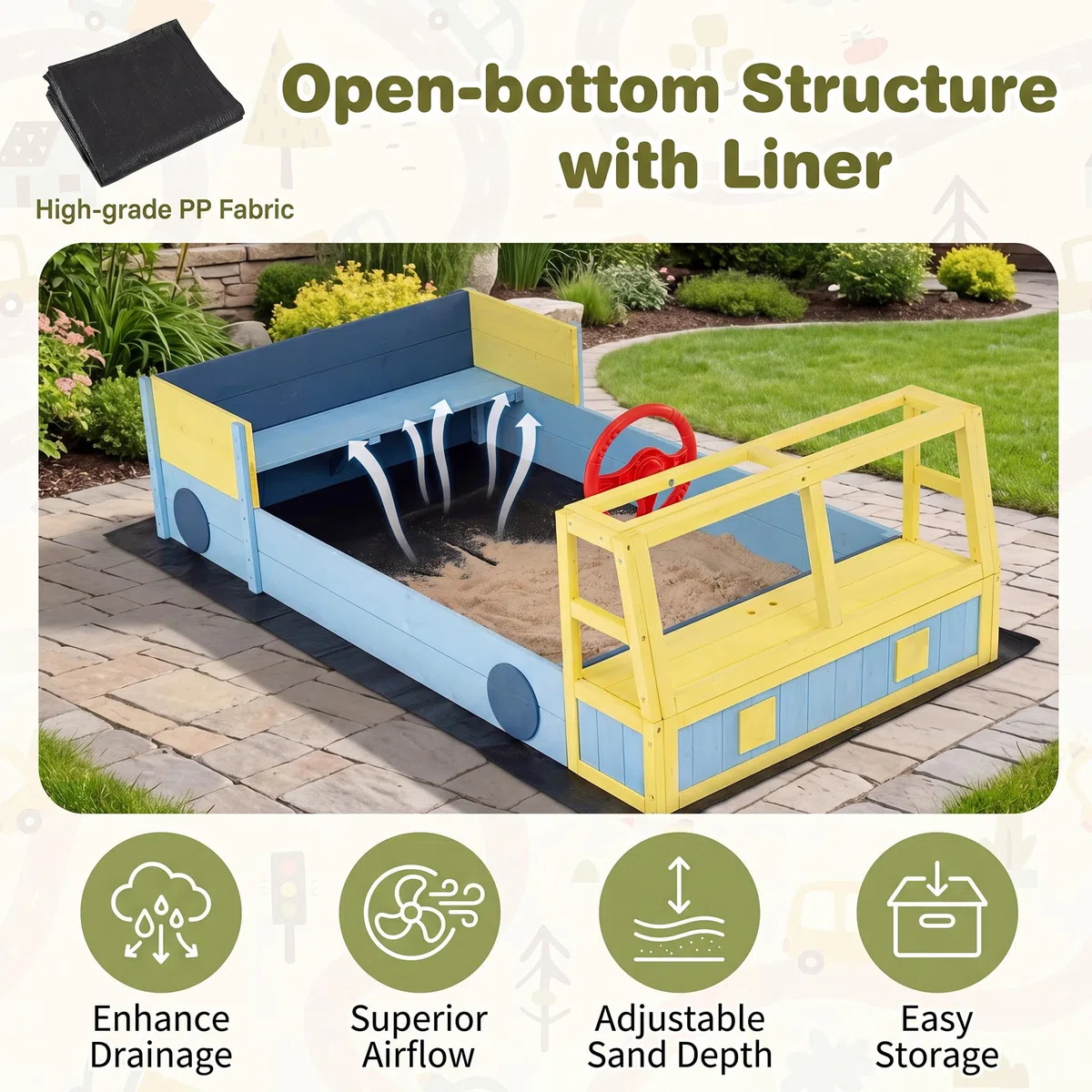 HOMASIS Sabbiera per Bambini a Forma di Camion dei Pompieri, Sabbiera da Esterno con Panca, Contenitore Portaoggetti Nascosto, Rivestimento, Sandbox per bambini 18+ Mesi, 170 x 100 x 48 cm