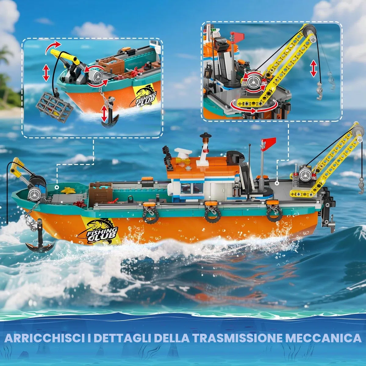 HiWEEGO Città barca da pesca cantiere navale – kit costruzione galleggiante oceano gru container, giocattolo regalo compleanno 6 7 8+
