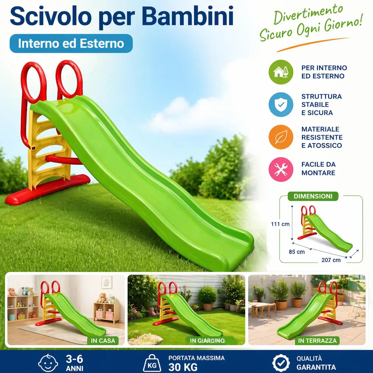 Scivolo per Bambini da giardino da casa Interno Esterno 207x85x111(h) Grande 3 Anni 4 Anni Scivolo Bimbi 2-6 Anni