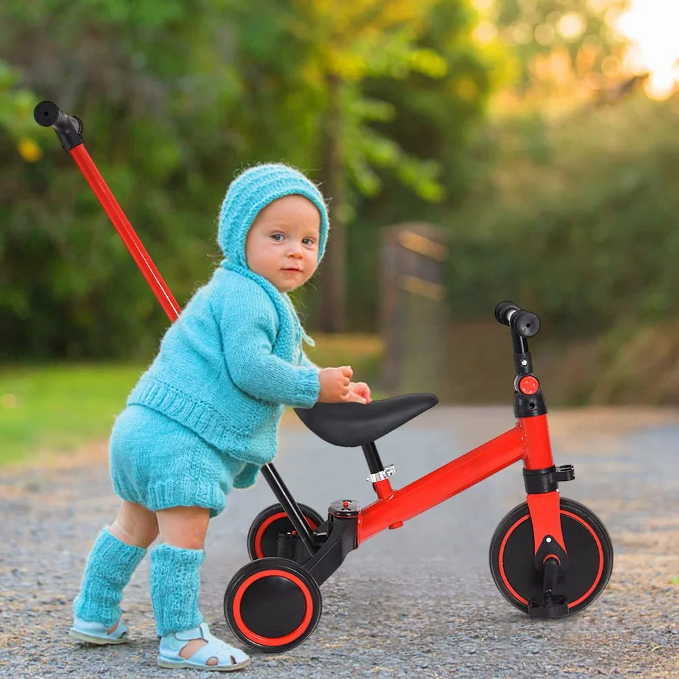 Triciclo Bambini, Triciclo Bimba e Bimbo con Maniglione ad Altezza Regolabile, Max 25 kg, Giochi per Bambini 18 Mesi, 2-5 Anni, Ruote Silenziose, Asta di Spinta-3 in 1 (rosso)
