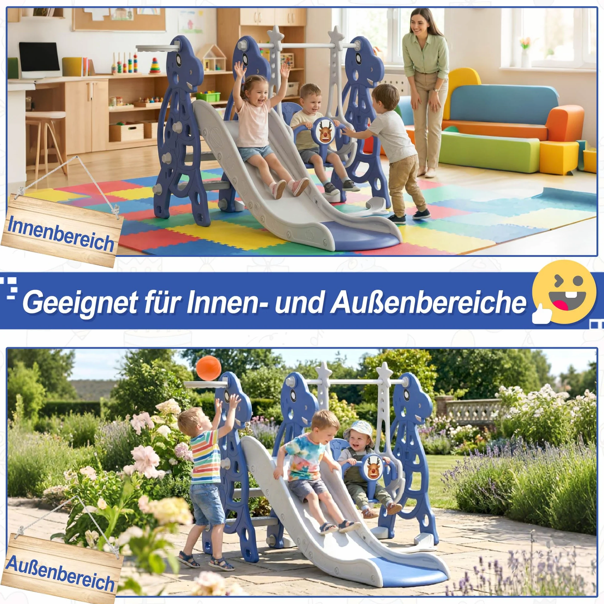 Froadp 4 in 1 Scivolo Autoportante per Bambini Scivolo Giocattolo con Canestro da Basket e Altalena per Interni ed Esterni Bambini Scivolo da Giardino in Plastica PP e PE für 1 Jahr und Mehr (Typ B)