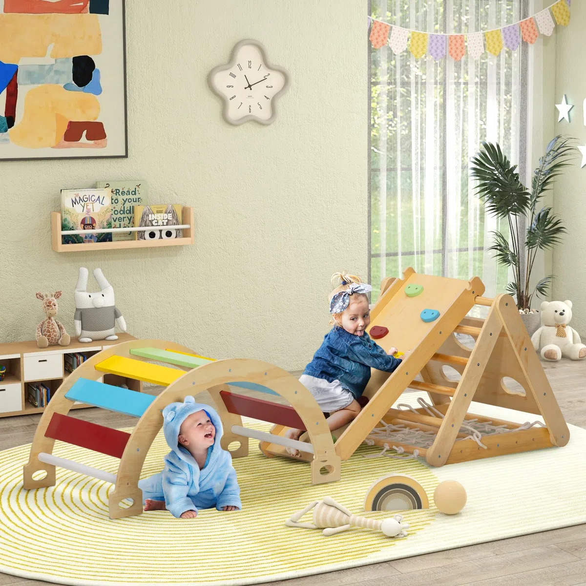 AIYAPLAY Montessori 7 in 1 Struttura da Arrampicata per Interni in Legno con Arco e Scivolo