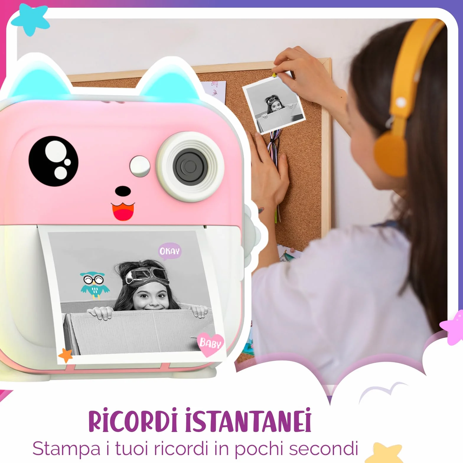 Macchina Fotografica Bambini Istantanea – Doppio Obiettivo 48MP, Video 1080P, Stampa Termica con 4 Rotoli di Carta – App Bluetooth, Scheda da 32GB – Regalo per Bambine & Bambini 3-12 Anni (Rosa)