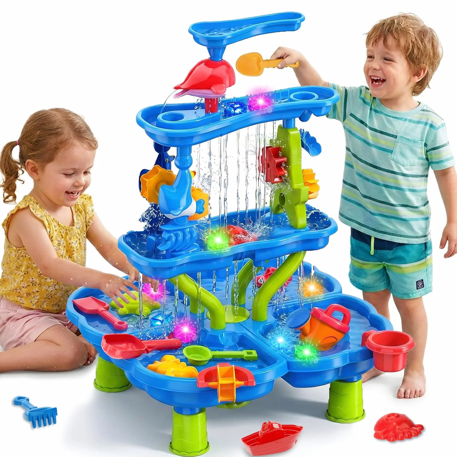 Tavolo Acqua Bambini, Tavolo Sabbia e Acqua a 4 Livelli con Accessori per Sabbiera, Grande Tavolo d’Acqua per Giardino, Spiaggia ed Estate, Giocattolo d’Acqua per Bambini dai 3 Anni