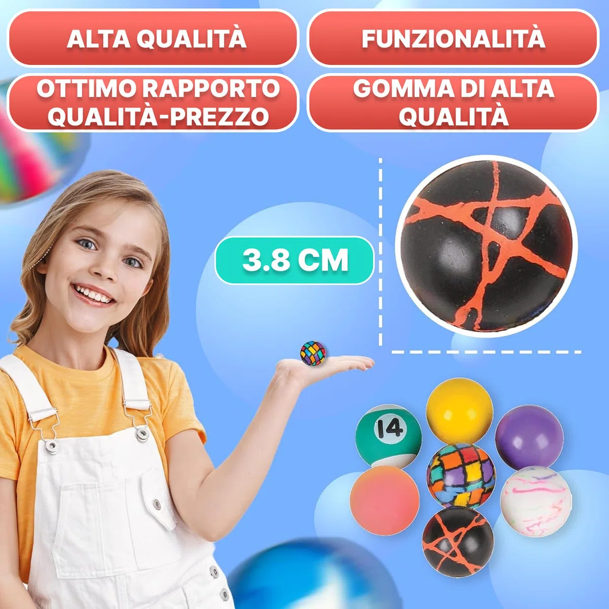 Bedwina Palline rimbalzanti sfuse – Confezione da 250 (27 mm), assortimento misto di piccole palline in gomma colorate ad alto rimbalzo, perfette come bomboniere, premi e regali per bambini