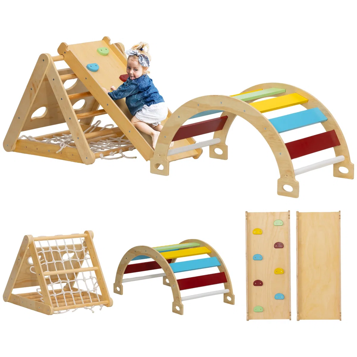 AIYAPLAY Montessori 7 in 1 Struttura da Arrampicata per Interni in Legno con Arco e Scivolo