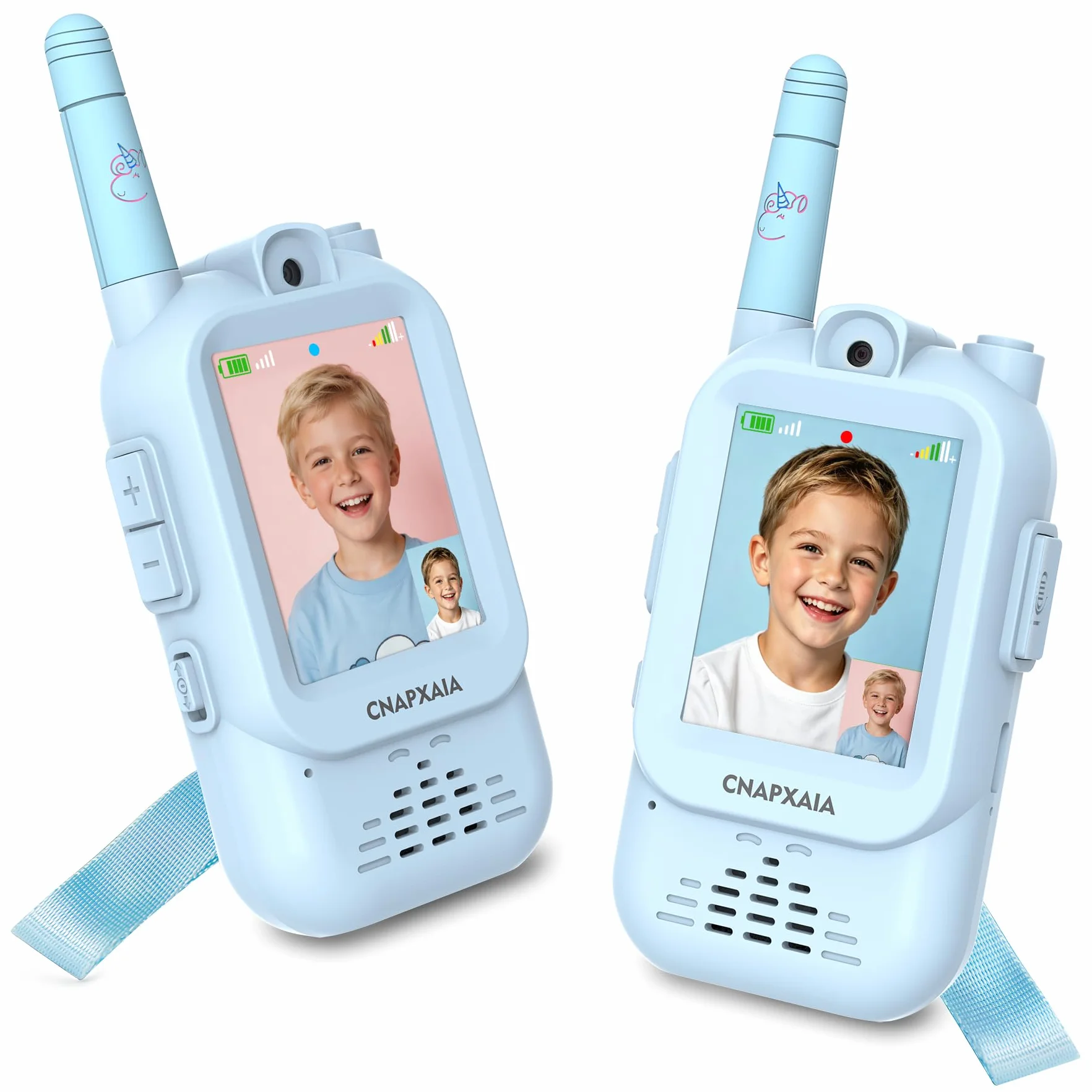 Walkie Talkie Bambini Video, Videochiamata Senza Internet e Senza App, Connessione Automatica, Selfie Emoji Messaggi Vocali, Gioco Interattivo Bambini 3-10 Anni Regalo (Blu/Blu)