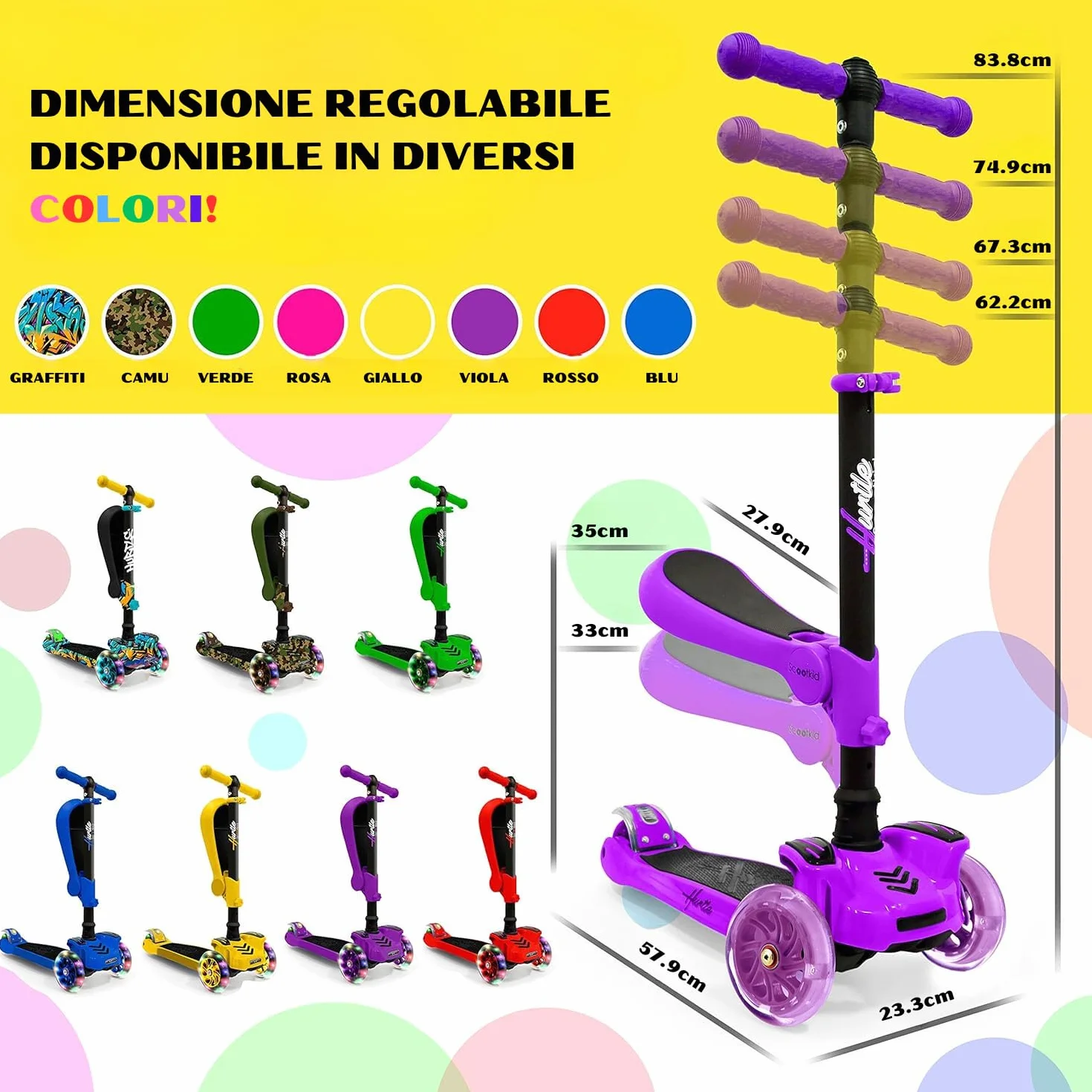 Hurtle Monopattino Bambino, Monopattino Bambina, Monopattino a 3 Ruote, Regolabile in Altezza con Sedile Pieghevole, Scooter per Bambini e Bambine con Ruote LED Multicolore, Dai 1 ai 14 Anni