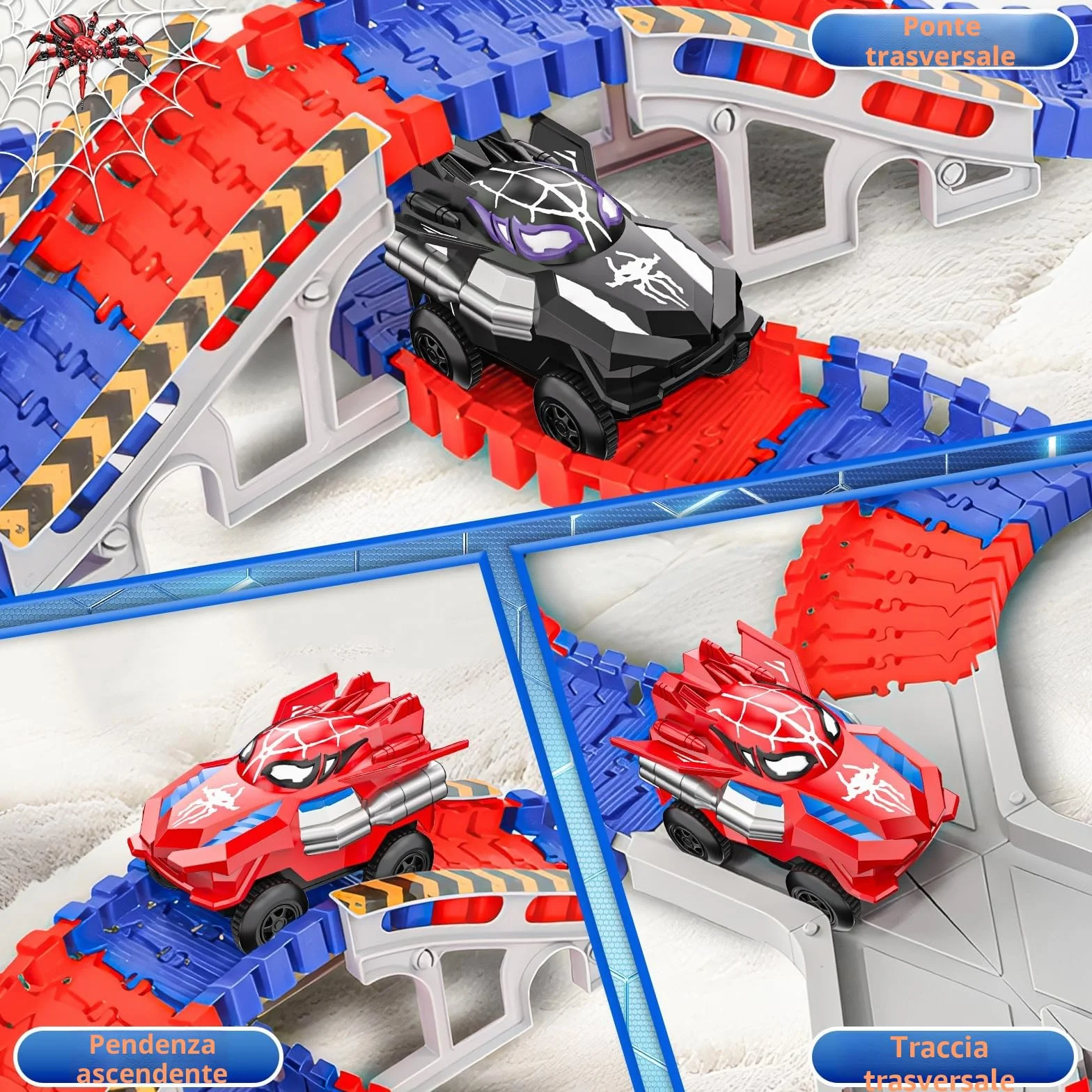 Kssvzz Spider Pista Macchinine 2 3 4 5 6 Anni Bambino, Flessibile Giocattolo Pista Auto Elettriche, Regalo Compleanno Natale Giochi per Bambini 2-8 Anni (212 Pezzi)