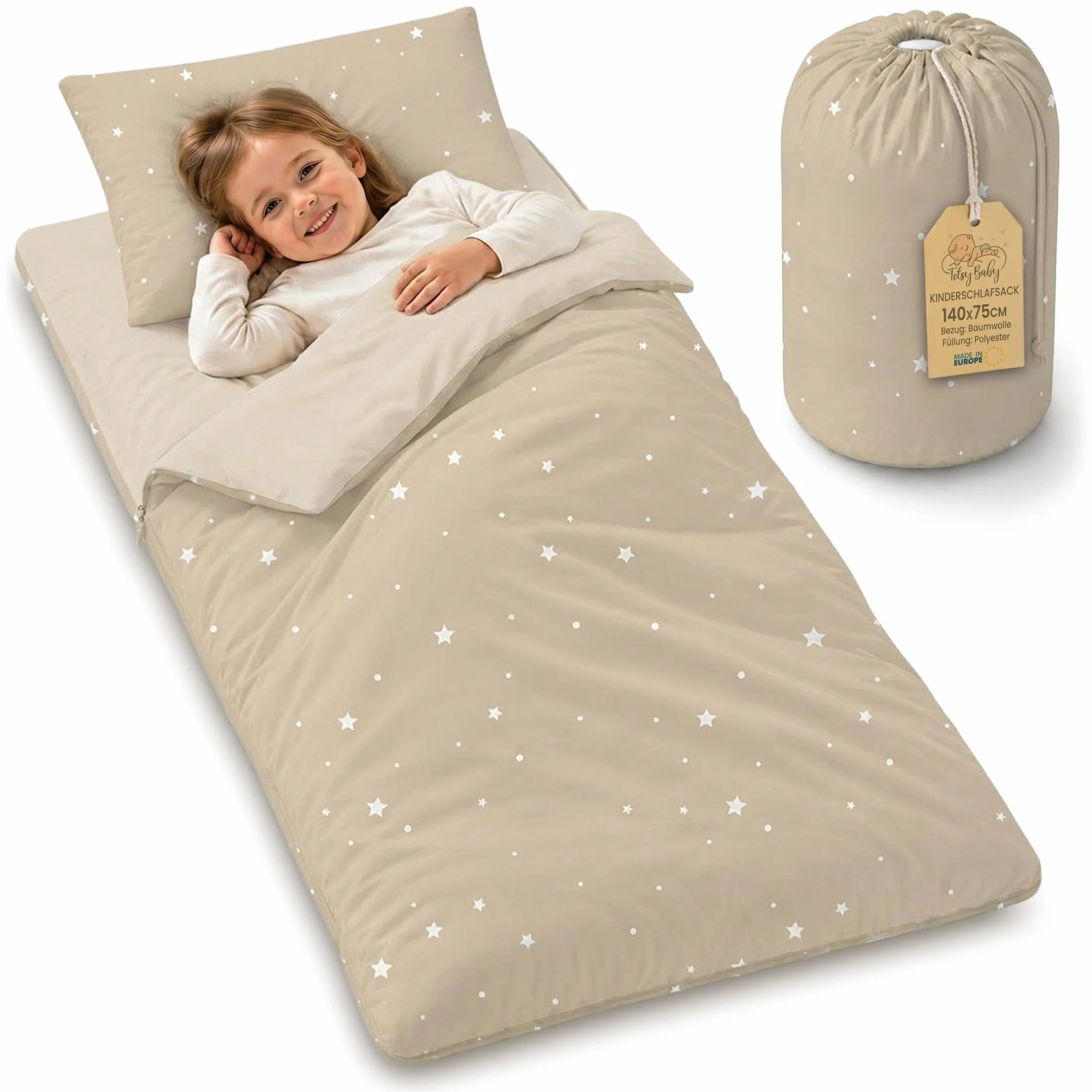 Sacco a pelo per bambini con cuscino e cerniera per bambini da 3 a 7 anni - 140 x 75 cm sacco a pelo per interni per asilo e scuola materna con coperta integrata Oeko-Tex Beige con stelle bianche