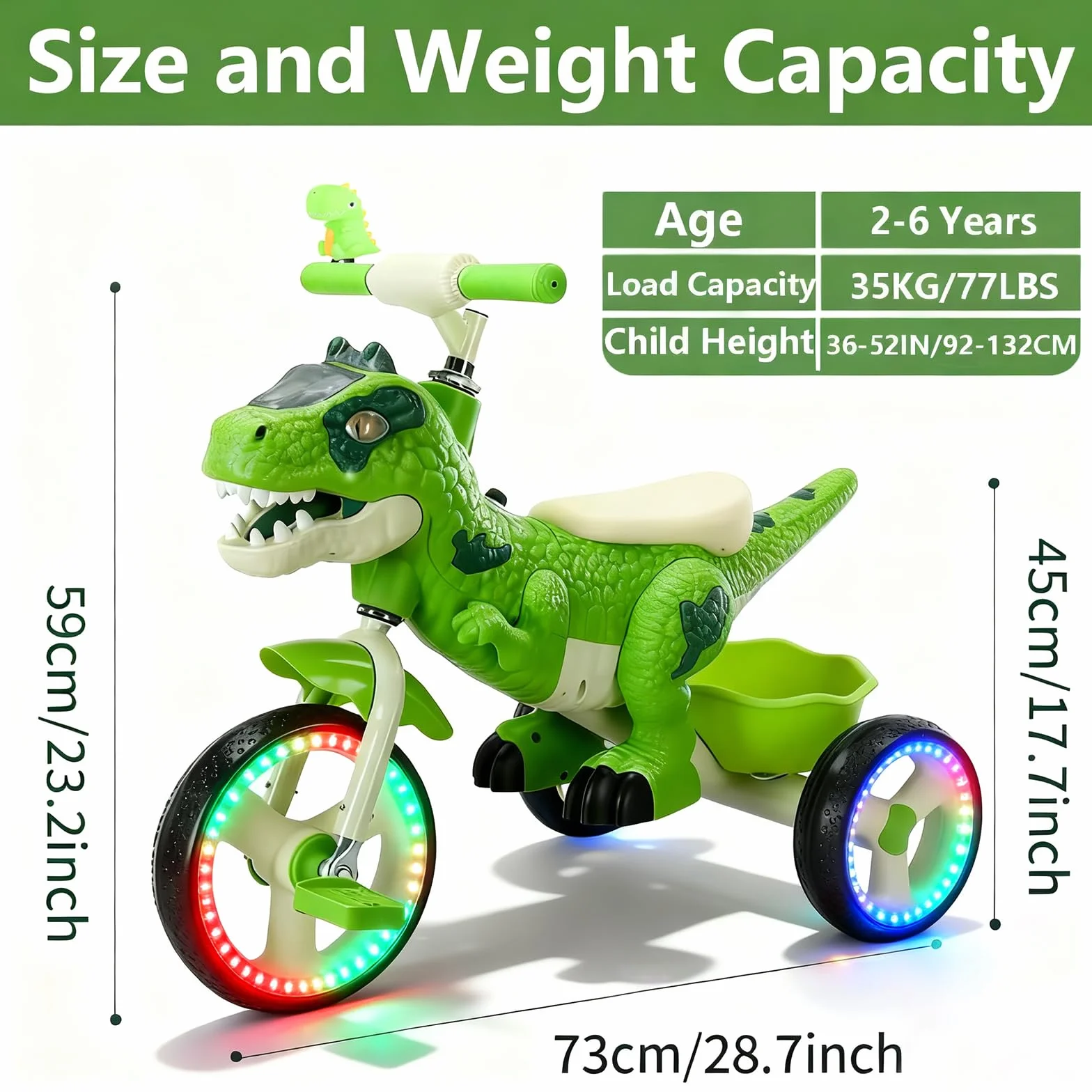 NMM Triciclo Dinosauro Con Clacson e Cesto Portaoggetti, Triciclo Bambini 2, 3, 4, 5, 6 Anni, Con Musica e Luci, Regali di Compleanno e Natale Adatti a Bambini e Bambine - Verde