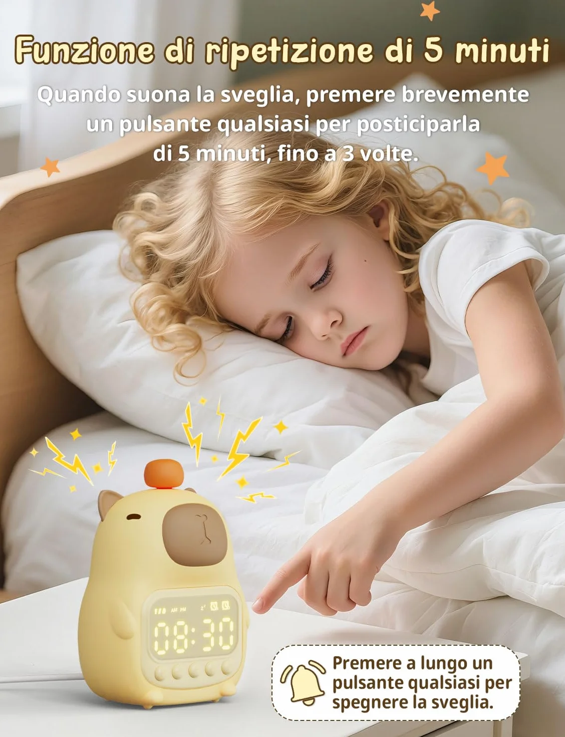 YISSVIC Sveglia per Bambini con 2 Sveglie, Regolazione Volume, Funzione Snooze, 5 Suonerie, Luci Notturne Sveglia Ricaricabile 1800 mAh