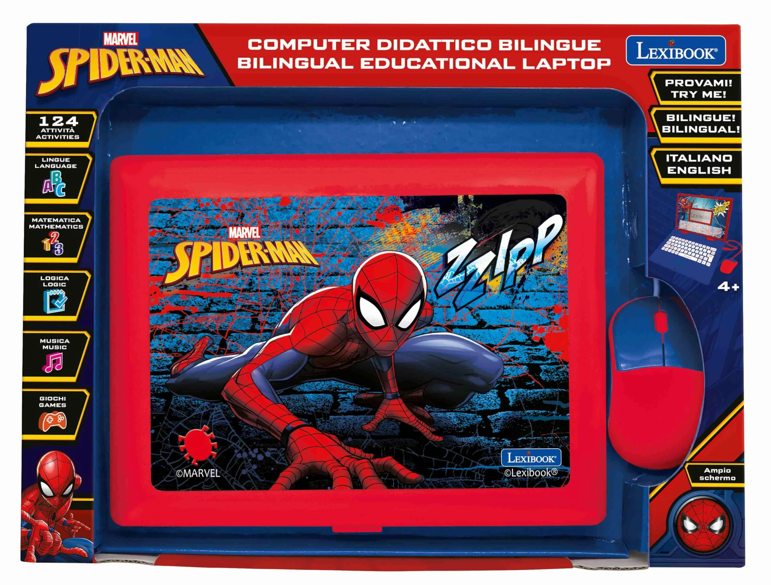 Lexibook - Spider-Man Computer Portatile educativo bilingue Italiano/Inglese - 124 attività per Un apprendimento Divertente e interattivo - Matematica, logica, Musica, Orologio - JC598SPi5LXB