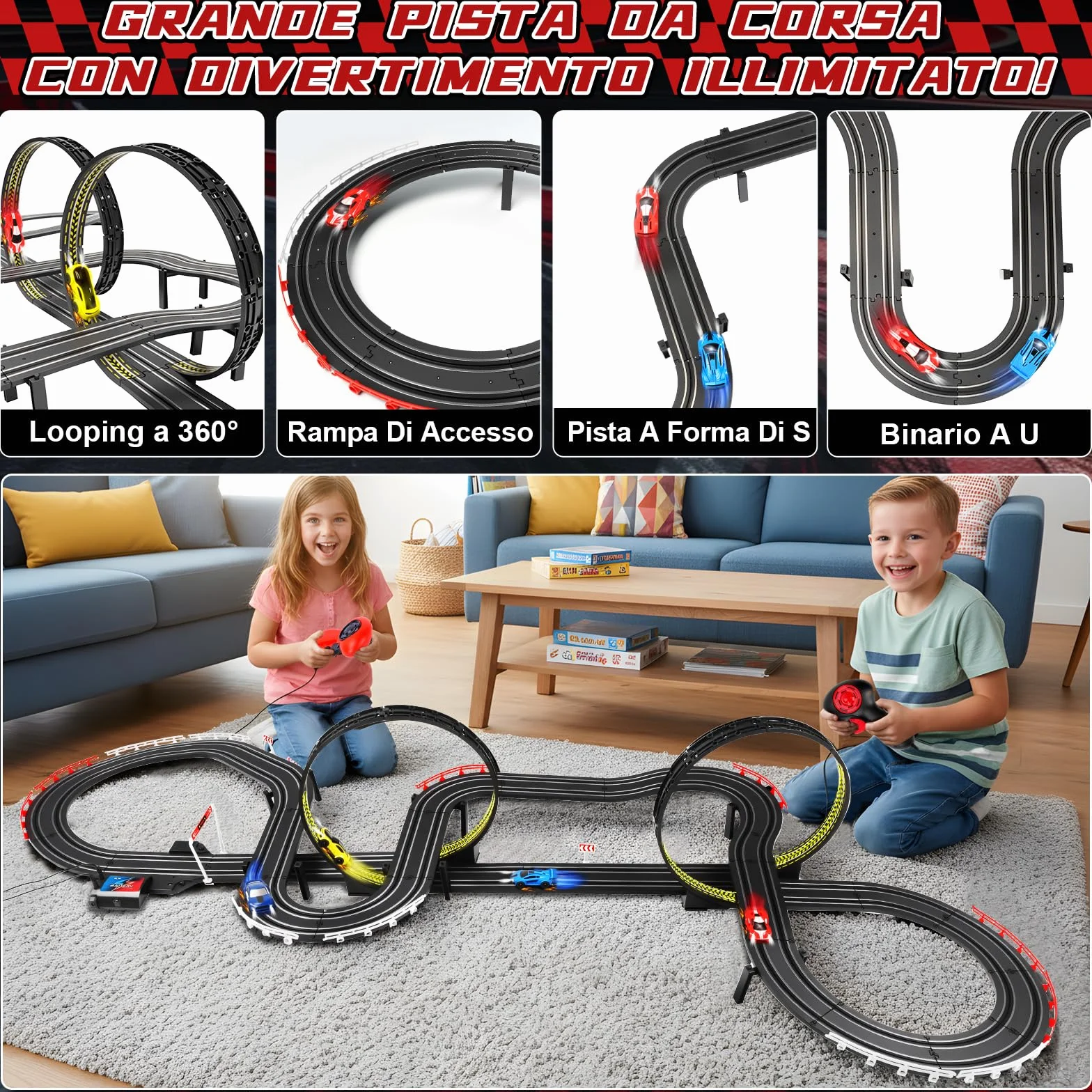 JONRRYIN Piste Corsa Elettriche, 1:64 Pista Macchine Telecomandate Extra-Lungo Piste Auto - 4 Led Macchine, USB, Comandi, Contatore, Passaggio A 360°, Giocattoli Regali Piste Corsa Bambini 3+ Anni