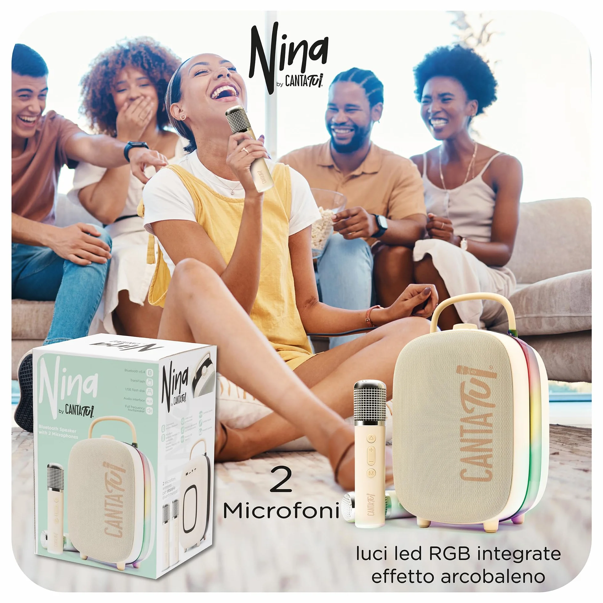 Canta Tu Nina Macchina Karaoke 2 Microfoni Wireless Bluetooth Altoparlante Portatile Luci LED Cambio Voci Beige