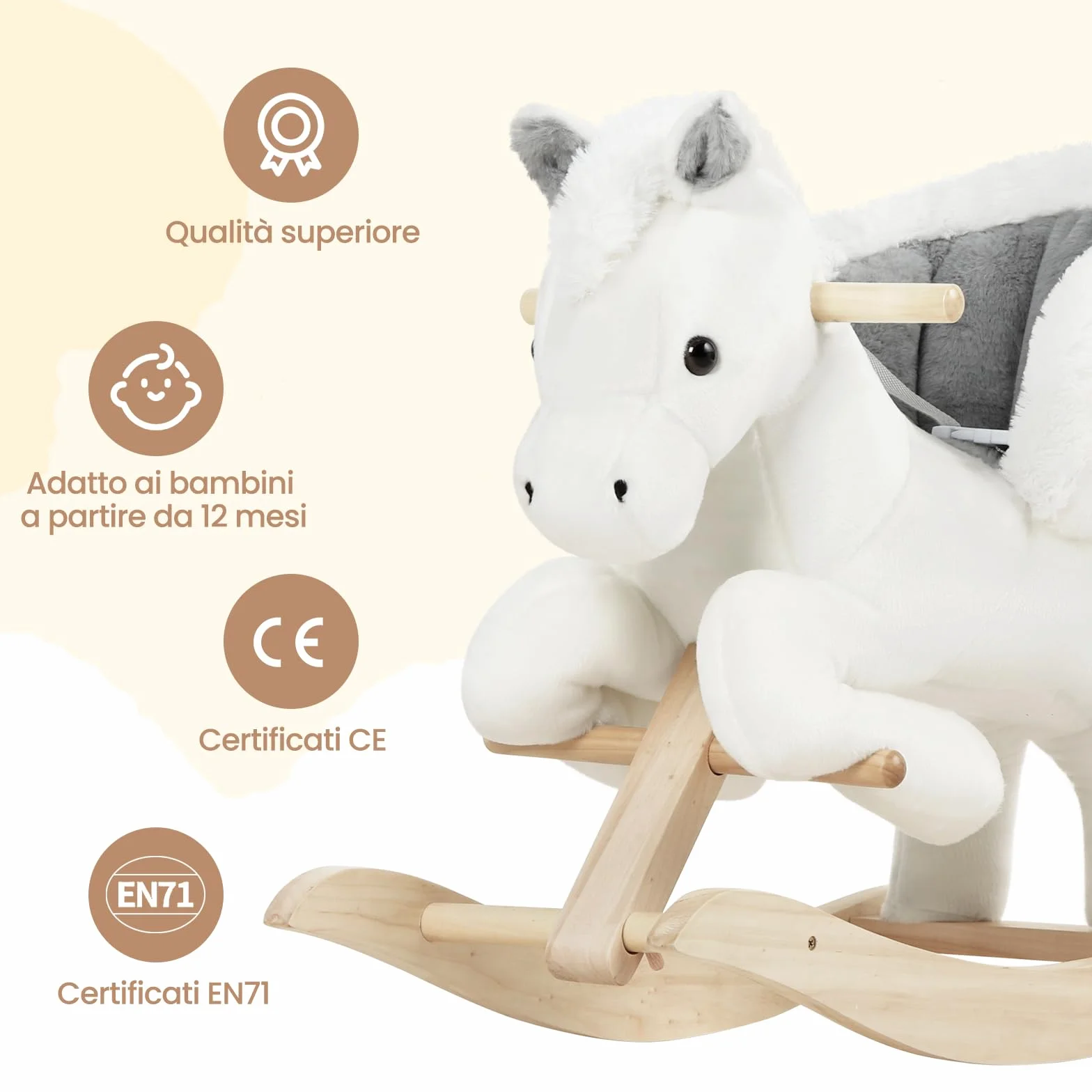WOLTU Cavallo a Dondolo in Legno per Bambini 1-3 Anni, Cavalluccio in Peluche Cavalcabile con Suoni, Cintura di Sicurezza e Schienale Alto, Giocattolo Regalo per Bambino e Bambina, Bianco e Grigio